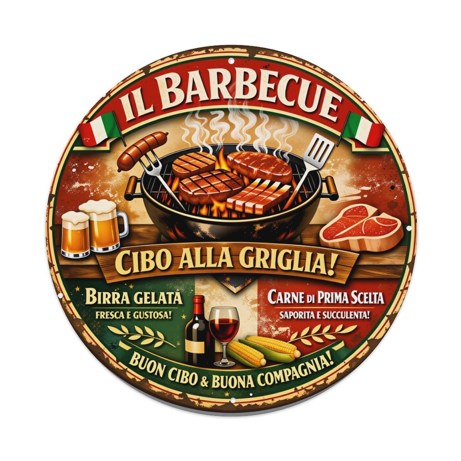 Barbecue Grill Meat Beer Wine Corn Italy Flag Metal Tin Sign Plaque