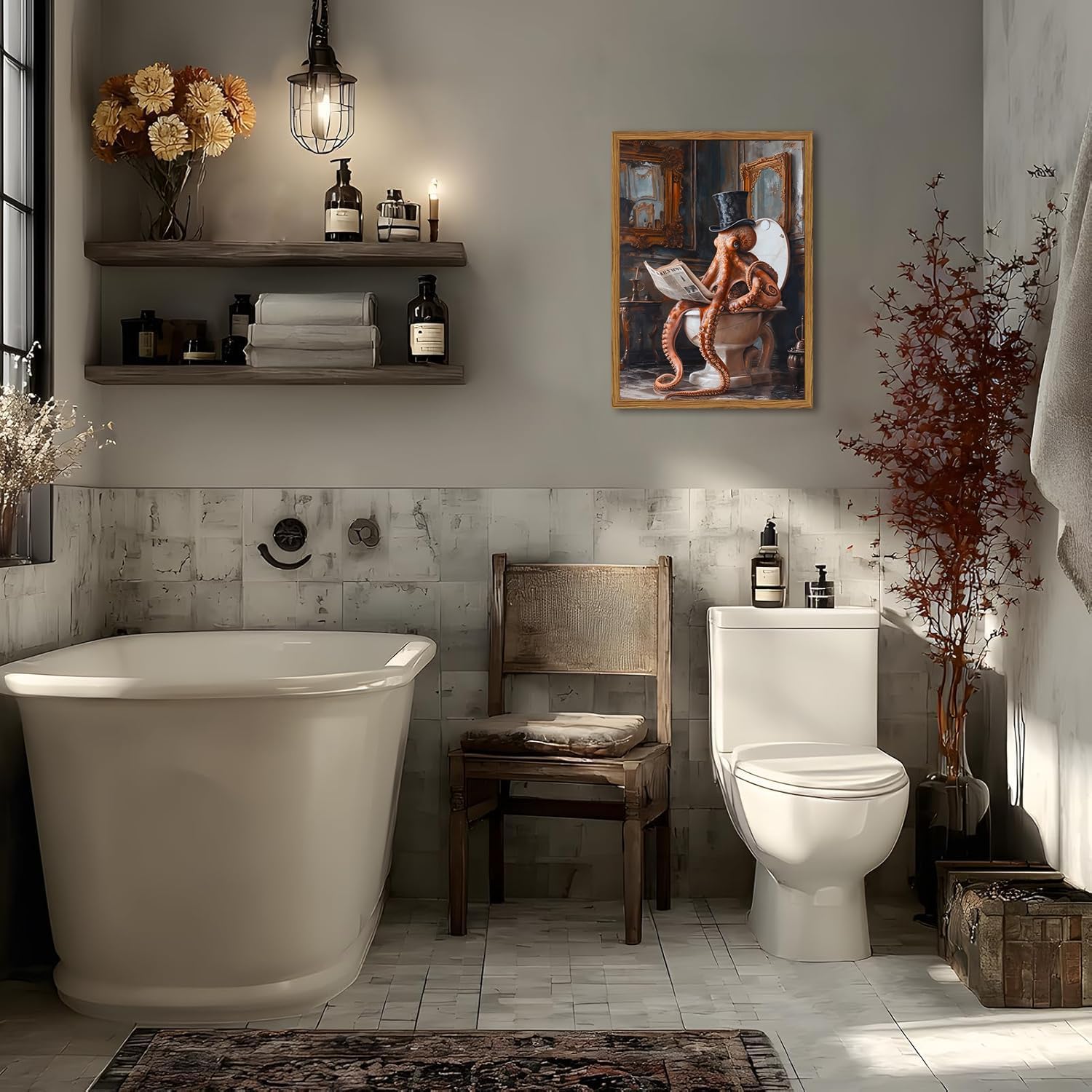 Framed Funny Bathroom Wall Art, Vintage Octopus Reading Newspaper on Toilet Pictures Wall Decor, Steampunk Ocean Animal Paintings Canvas Prints Whimsical Home Decor for Restroom Dorm 12x16 inch