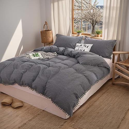 Miniatura 9 de Funda de edredón bohemia tamaño King, 3 piezas, estilo bohemio, ropa de cama moderna, color gris topo, ropa de cama para niñas, con flecos y