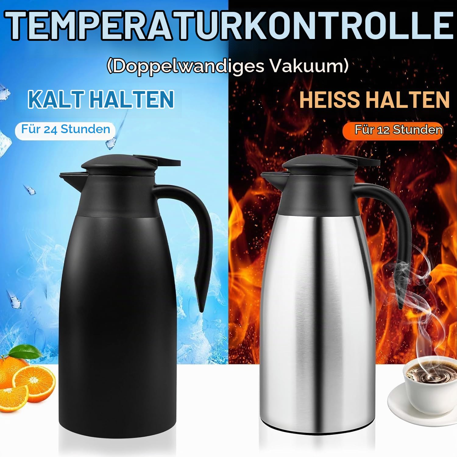 2 Stück Thermokanne Isolerkanne 2 Liter, 304 Edelstahl Isolierte Isolierkanne, 24 Stunden Wärmedämmung, für Kaffee, Tee, Wasser, Getränk, Warmhaltekanne (Silber, Schwarz)