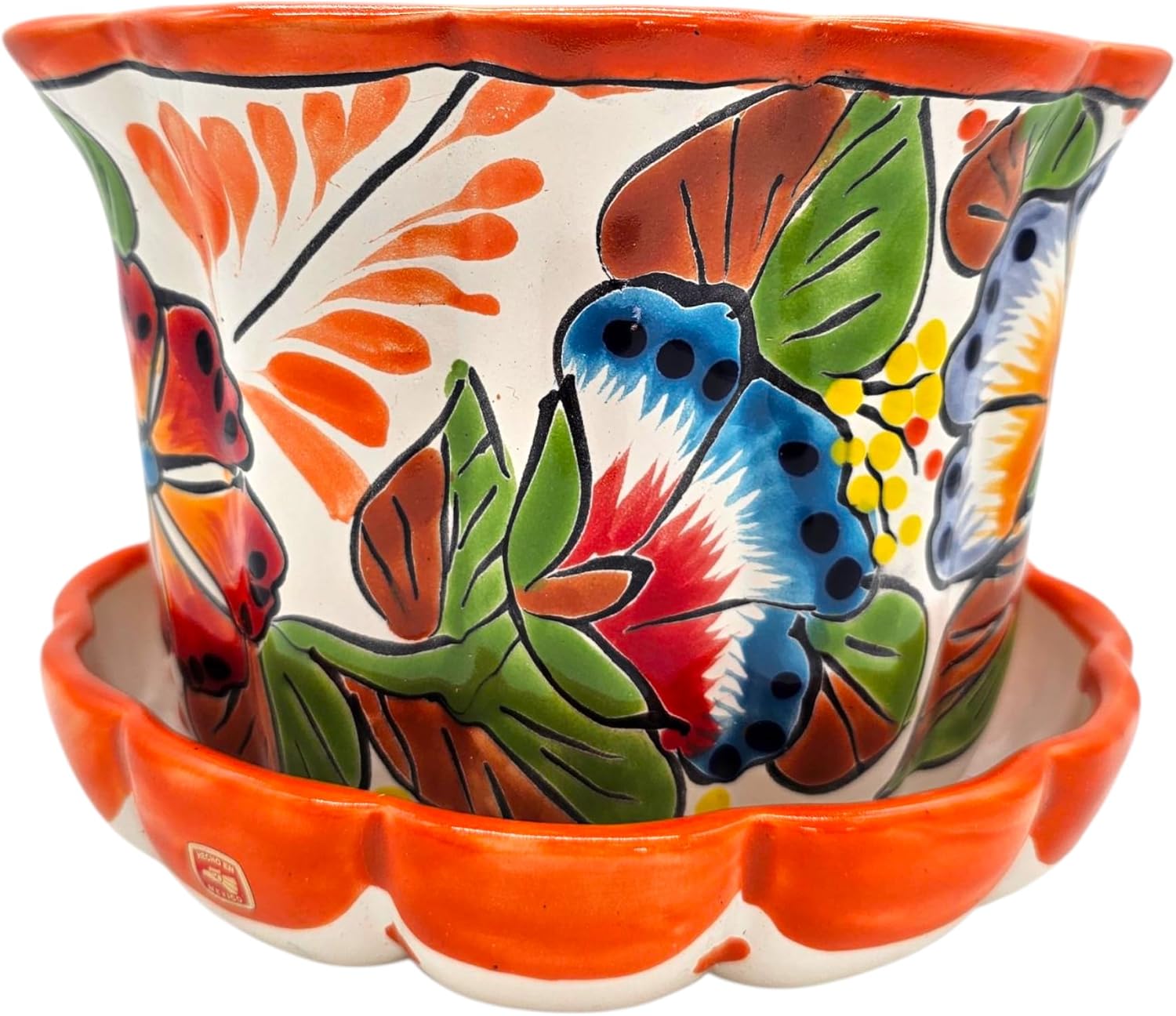 Violet Pot Planter with Saucer Large Hand Painted Indoor Outdoor Multi Colored Figure Glazed Fall