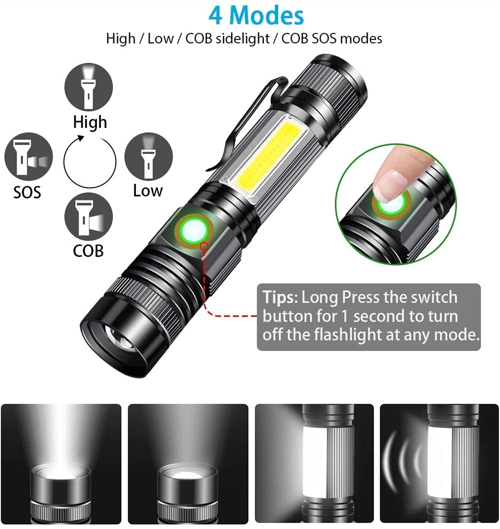 Linterna Recargable por USB, Linterna LED magnética, Linterna táctica LED superbrillante con luz Lateral COB, Impermeable, con Zoom, la Mejor Linterna for Acampar y emergencias.