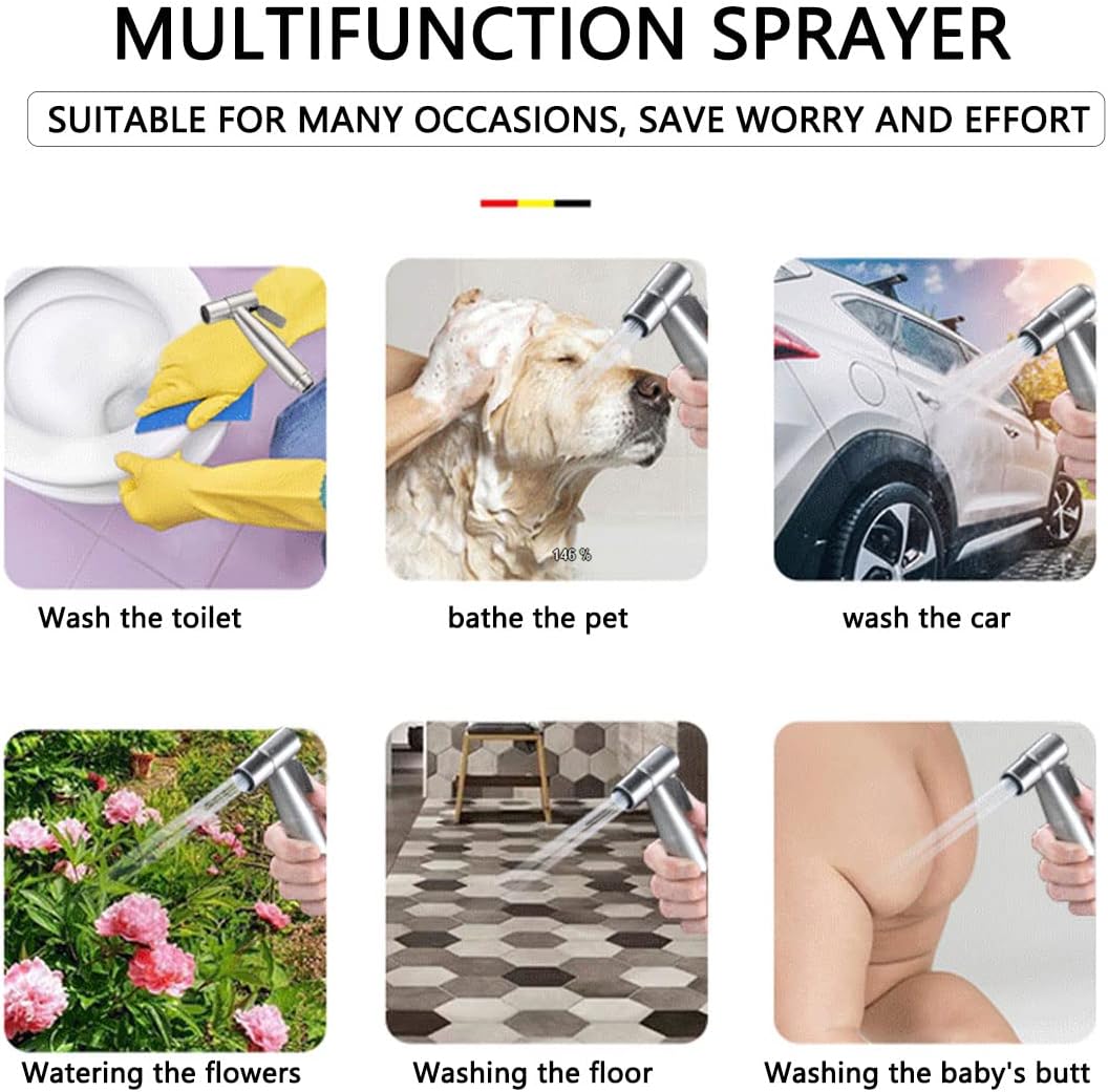 Handheld Bidet Sprayer,Toilet or Wall Mounted leaking Hose, Multi-function Shower 304 Stainless Steel Material with Bidet Hose Feminine Wash, for Baby Pets Wash, Silver