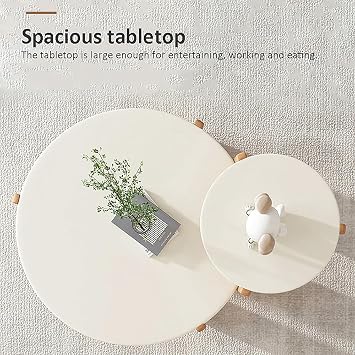 Cream White Round Coffee Table,Modern Solid Wood Coffee Table,Circular Center Accent Table,Cute Coffeee Table Side Table Set Of 2 For Livingroom Bedroom Balcony(Size:38 * 80cm,Color:white)