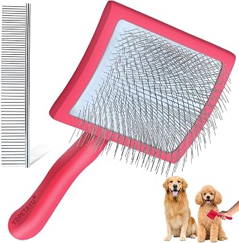 Long Pin Slicker Brush & Dog Comb Set for Doodles Grooming, Red