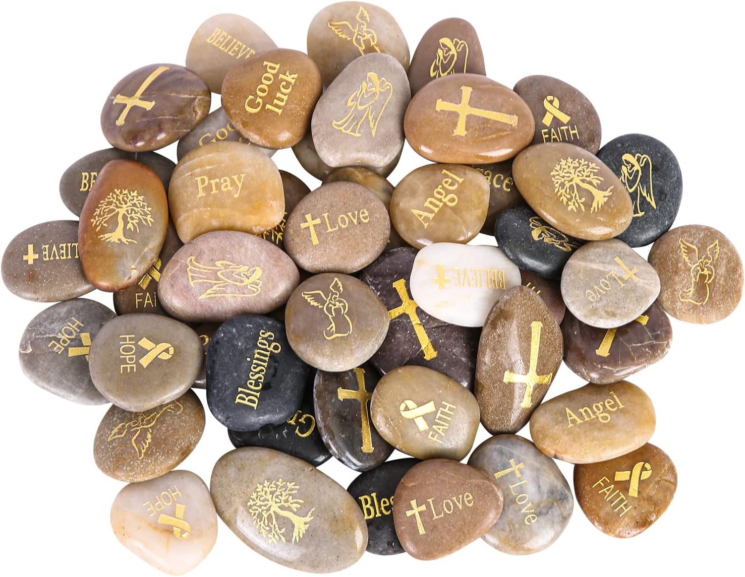 Majorhouse 48pcs Engraved Inspirational Stones with Inspiring Prayer Words,Lucky Pattern,Encouragement Stones for Family and Friends.