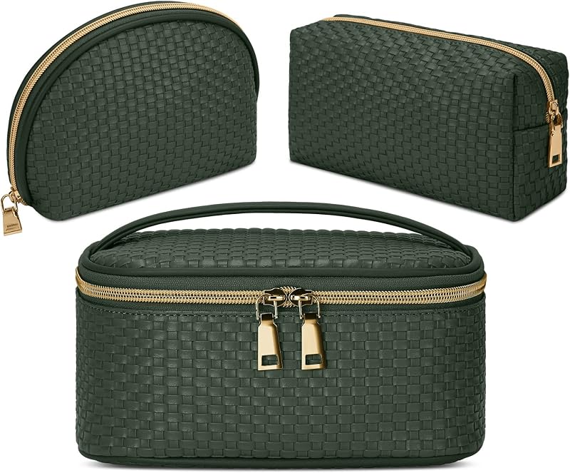 Kit KTMOUW com 3 necessaires de maquiagem em couro sintético trançado, verde-escuro