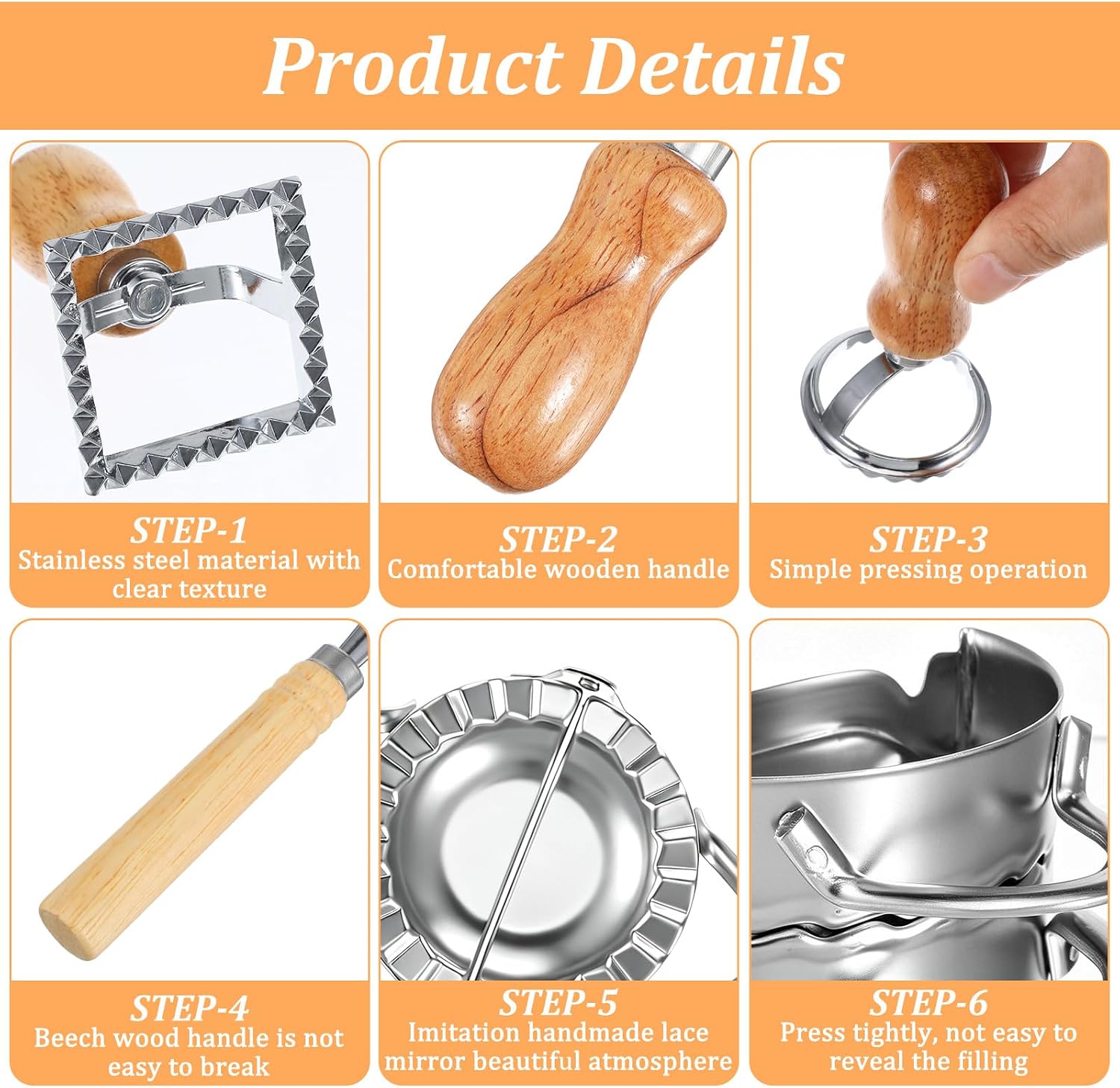 7 Pcs Ravioli Cutter Set with Wood Handle Ravioli Maker Press Mold Kit Includes Rolling Pin Round Square Wheel Cutter Empanada Press for Homemade Pasta Dumplings