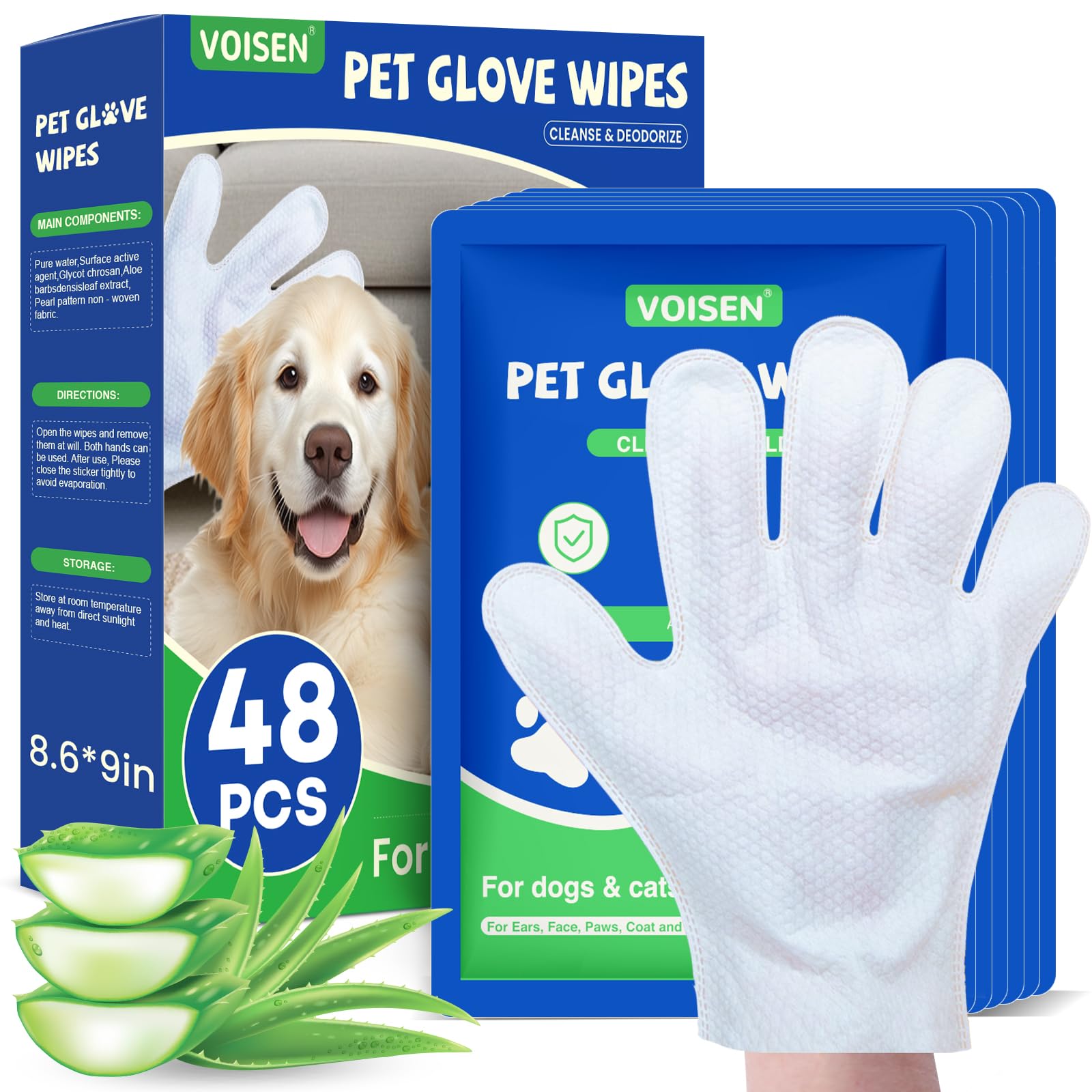 VOISEN Pcs Pet Glove Wipes for Dogs and Cats, Cleaning & Deodorizing Bathing Grooming Wipes,Unscented Thick Nourish Fur Glove Wipes for Pet Dry Cleaning,Daily Care and Travel
