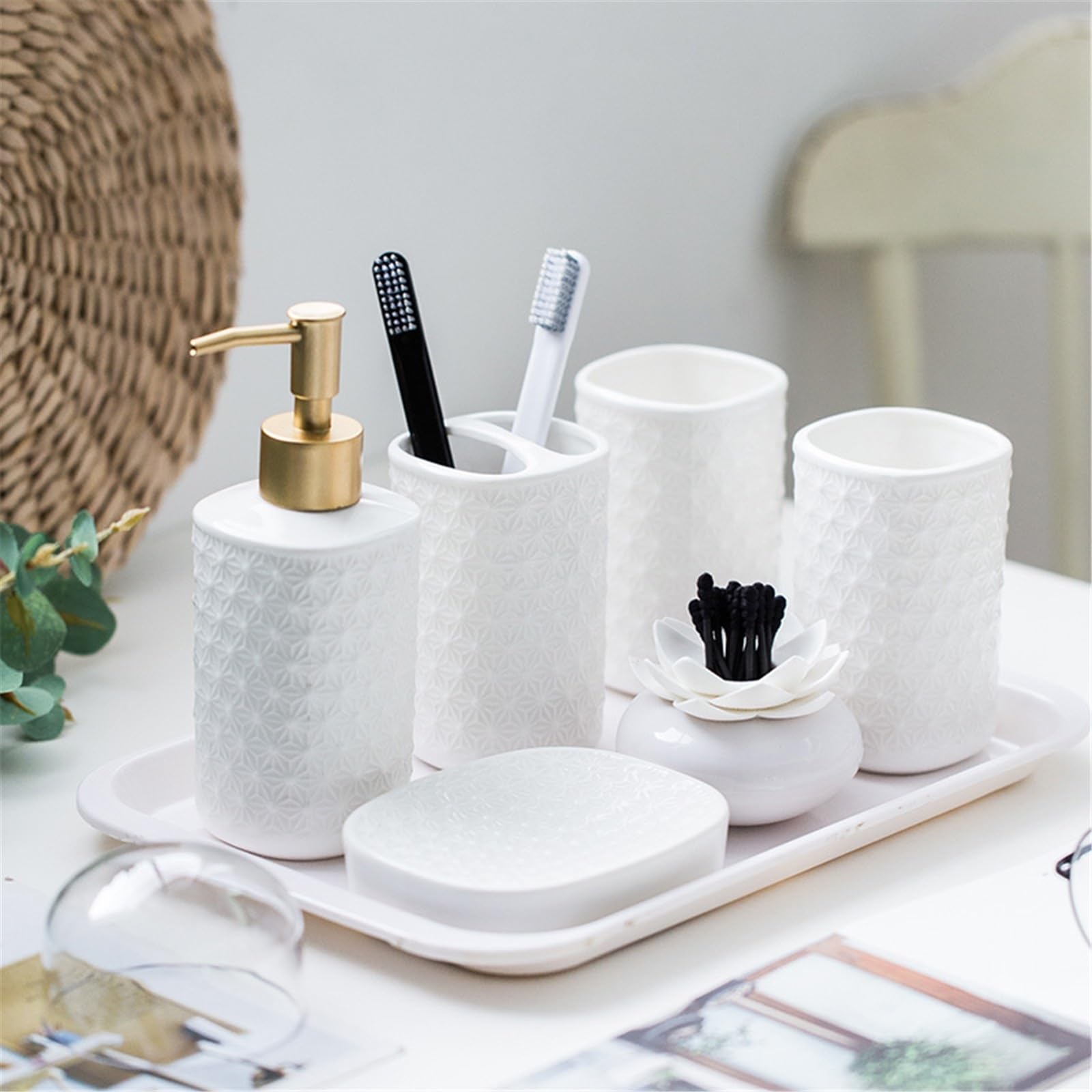 Łazienka Ceramiczny Dozownik Mydła 5 Sztuk Zestaw Do Mycia, Uchwyt Na Szczoteczkę Do Zębów Łazienka, Kubki Do Płukania Jamy Ustnej, Uchwyt na Szczoteczkę Do Zębów Butelka Dozownika Płynu