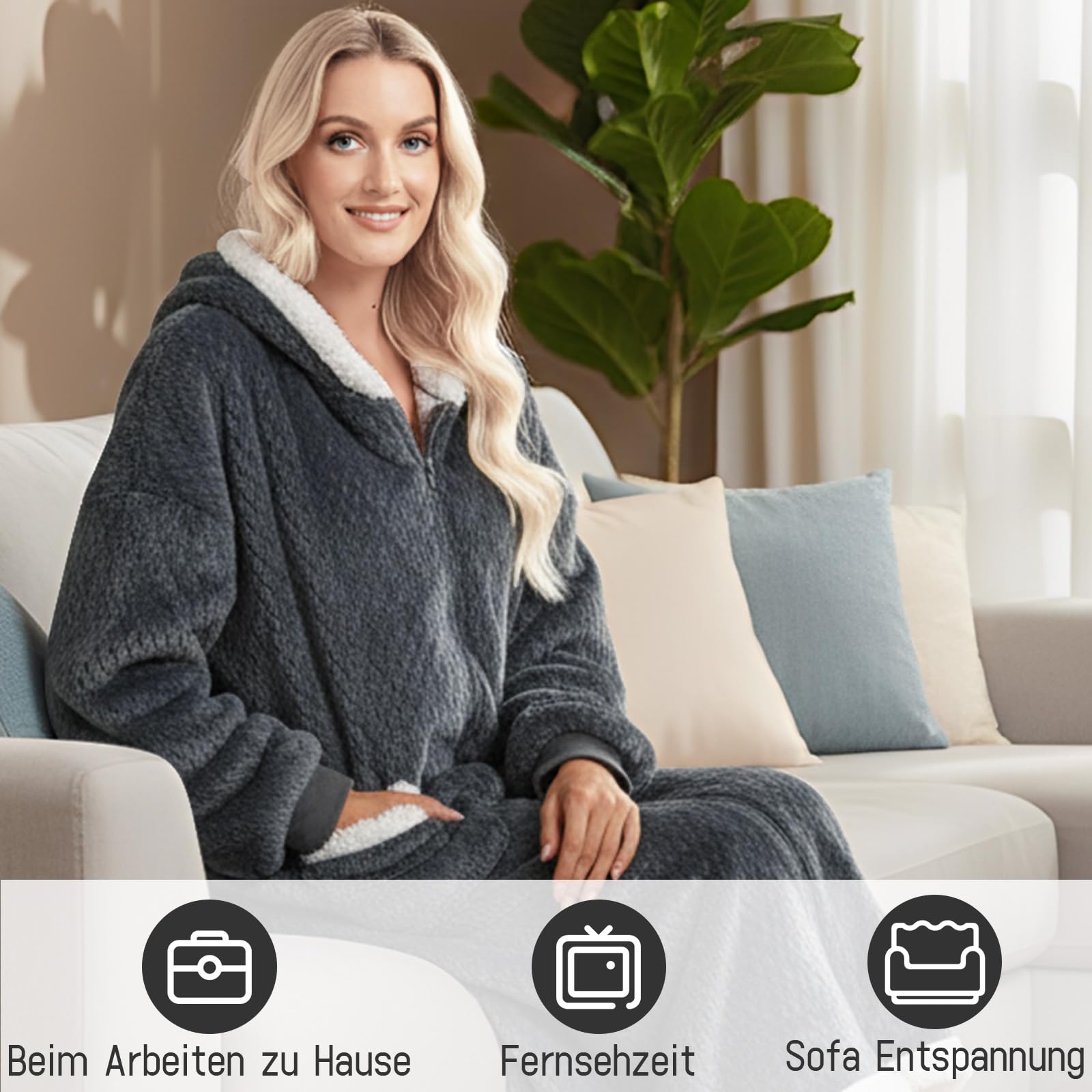 Coperta con maniche e cappuccio, coperta in pile con cappuccio con cerniera e tasche, grigio scuro, Taglia unica