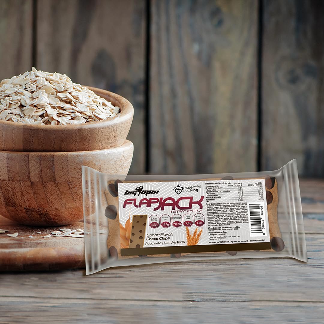 BigMan | FlapJack 12 Unidades 120g | Barritas de Avena Natural | Barrita de Alta Carga de Carbohidratos | Extra de Calorias Deporte Resistencia (Chocho Chips)