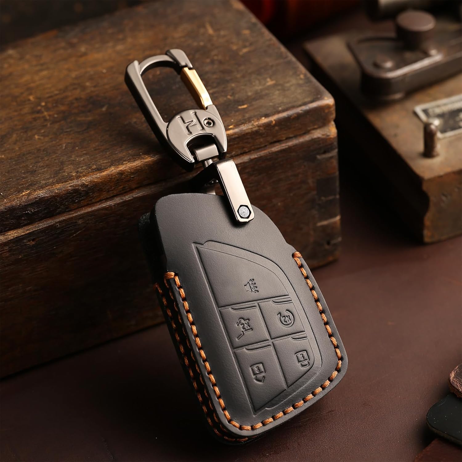 OLLEN Genuine Leather Key Fob Cover 2021-2026, Fit for GMC Yukon Denali Sierra Chevy Silverado Suburban Tahoe Buick etc, Leather Smart Remote Key Protector, 5 Buttons, Blue