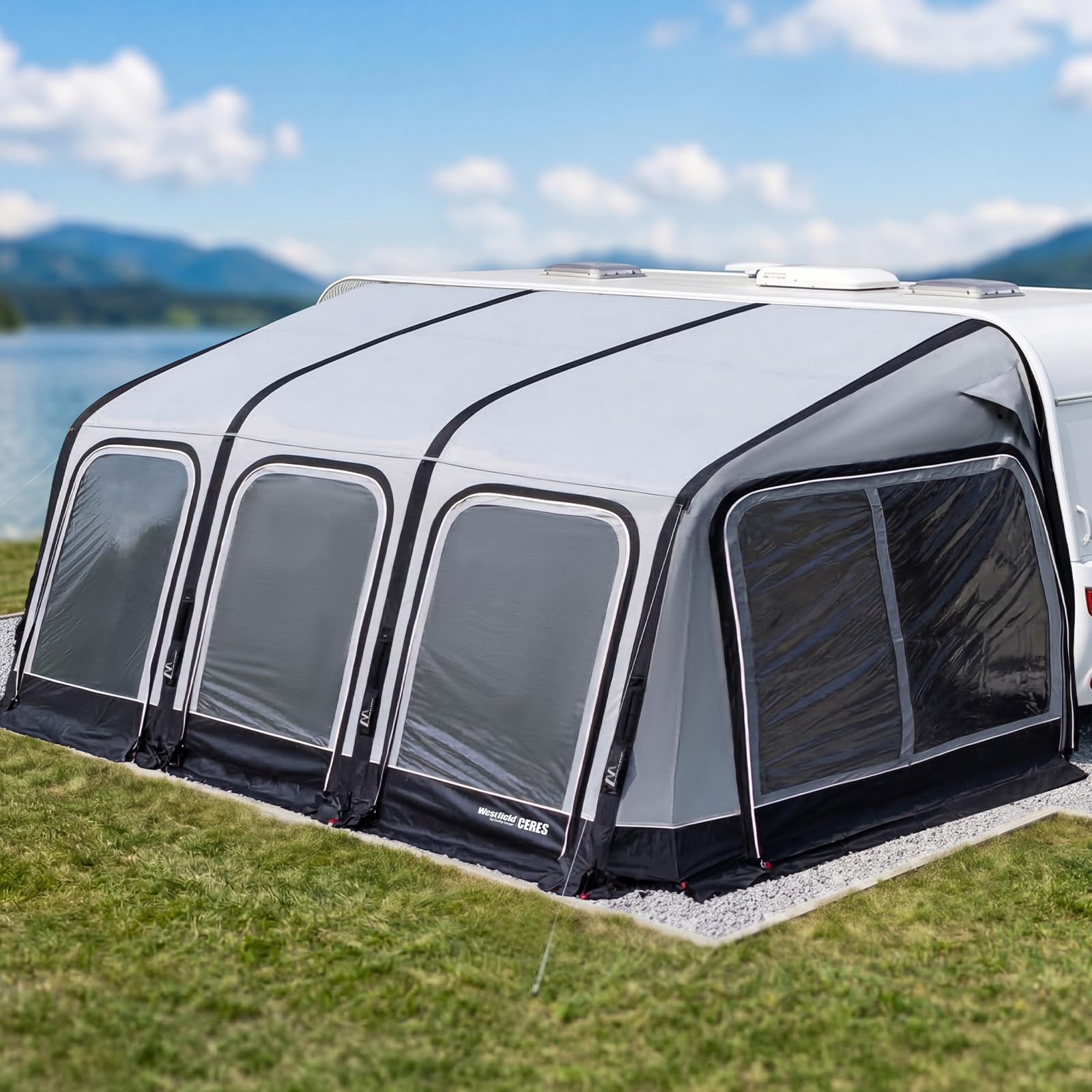 Westfield Outdoors Ceres 7, Aufblasbares Vorzelt für Wohnwagen, Höhe 235–260cm, B510 x T250 cm, 3000mm Wassersäule, UV- & windstabil, Abnehmbare Wände, EIN-Punkt-Aufblassystem, inkl. Luftpumpe
