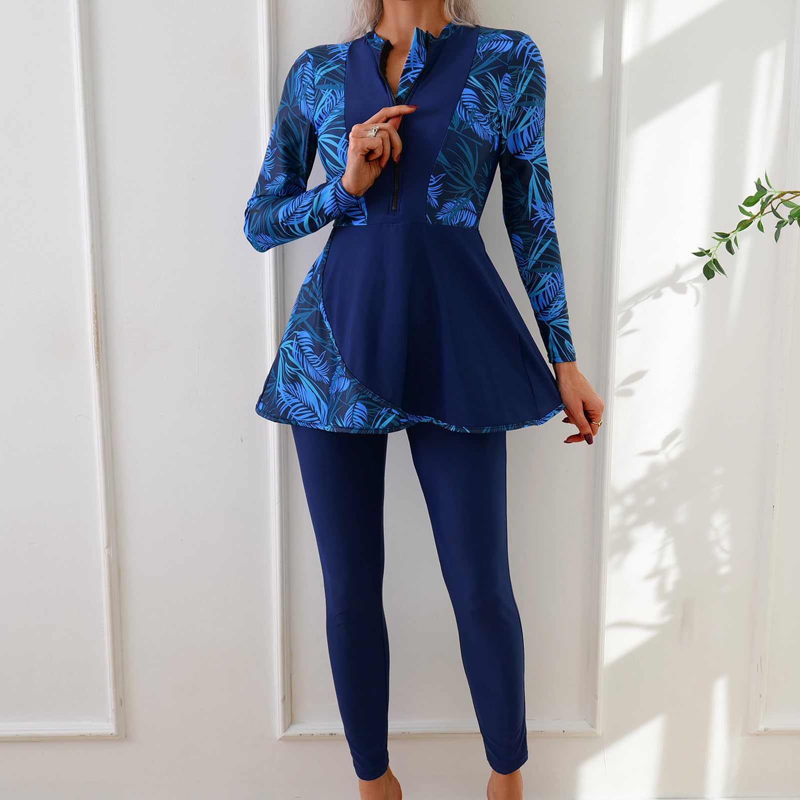 ABEHIK Burkini tendance pour femme, maillot de bain musulman à manches longues avec ourlet à jupe, maillot de bain 2 pièces pour la plage