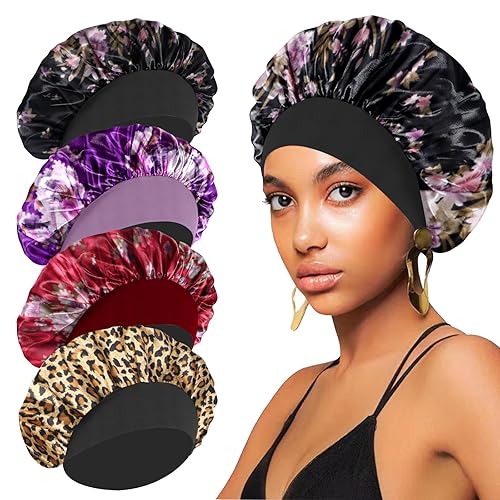 4 gorros de seda para dormir, gorro de satén para mujeres negras, hombres y mujeres para cabello rizado, gorro de ducha elástico con estampado de