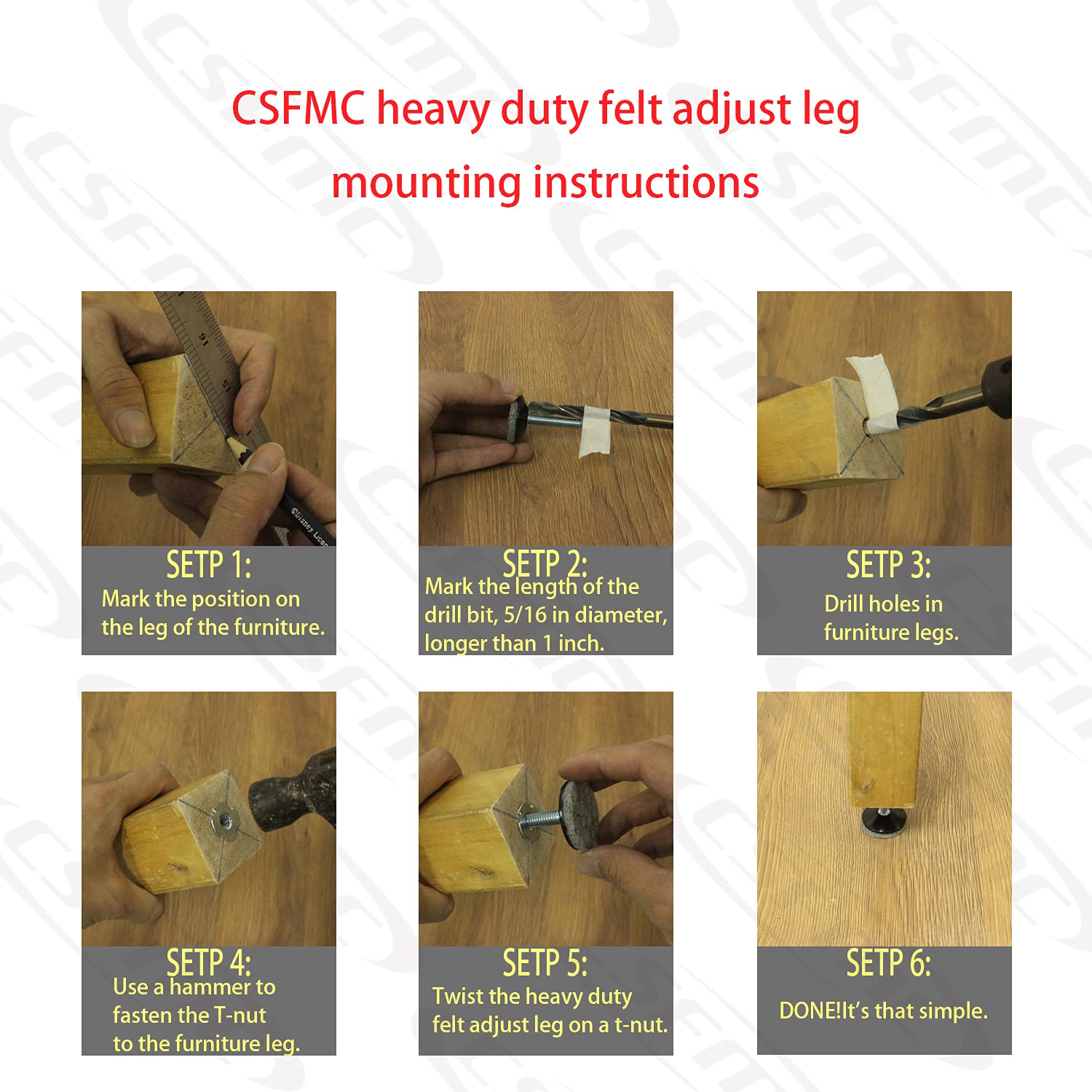 CSFMC 8-Pack Furniture Levelers - PTFE (Teflon) Bottom, 1/4-20 Threaded Shank, Adjustable Leg Pads For Tables, Chairs, Cabinets