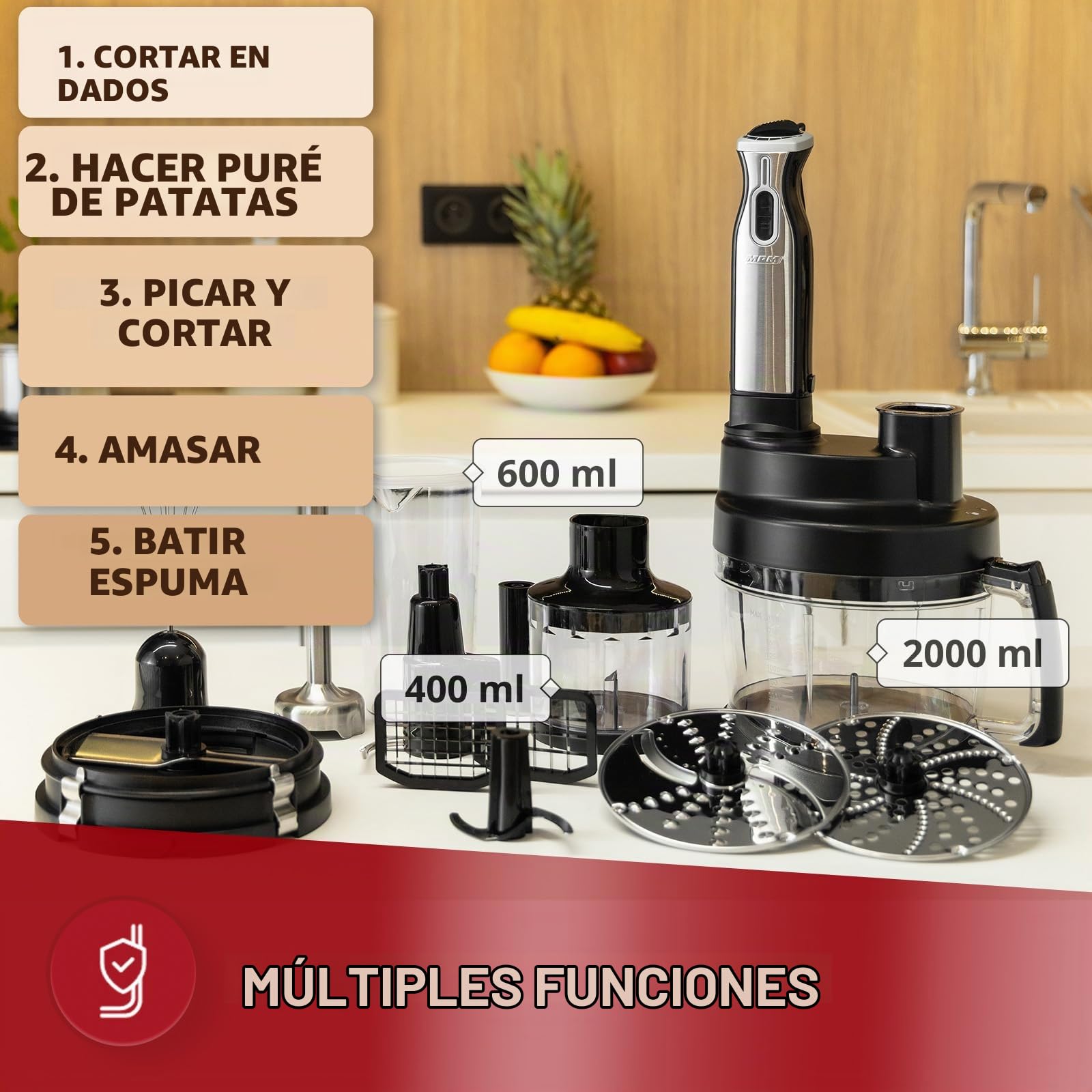 MPM MRK-17 Procesador de Alimentos Multifuncional, Amasadora, Batidora, para Frutas y Verduras, Corta Patatas, Picadora, Apto para Lavavajillas, 800W