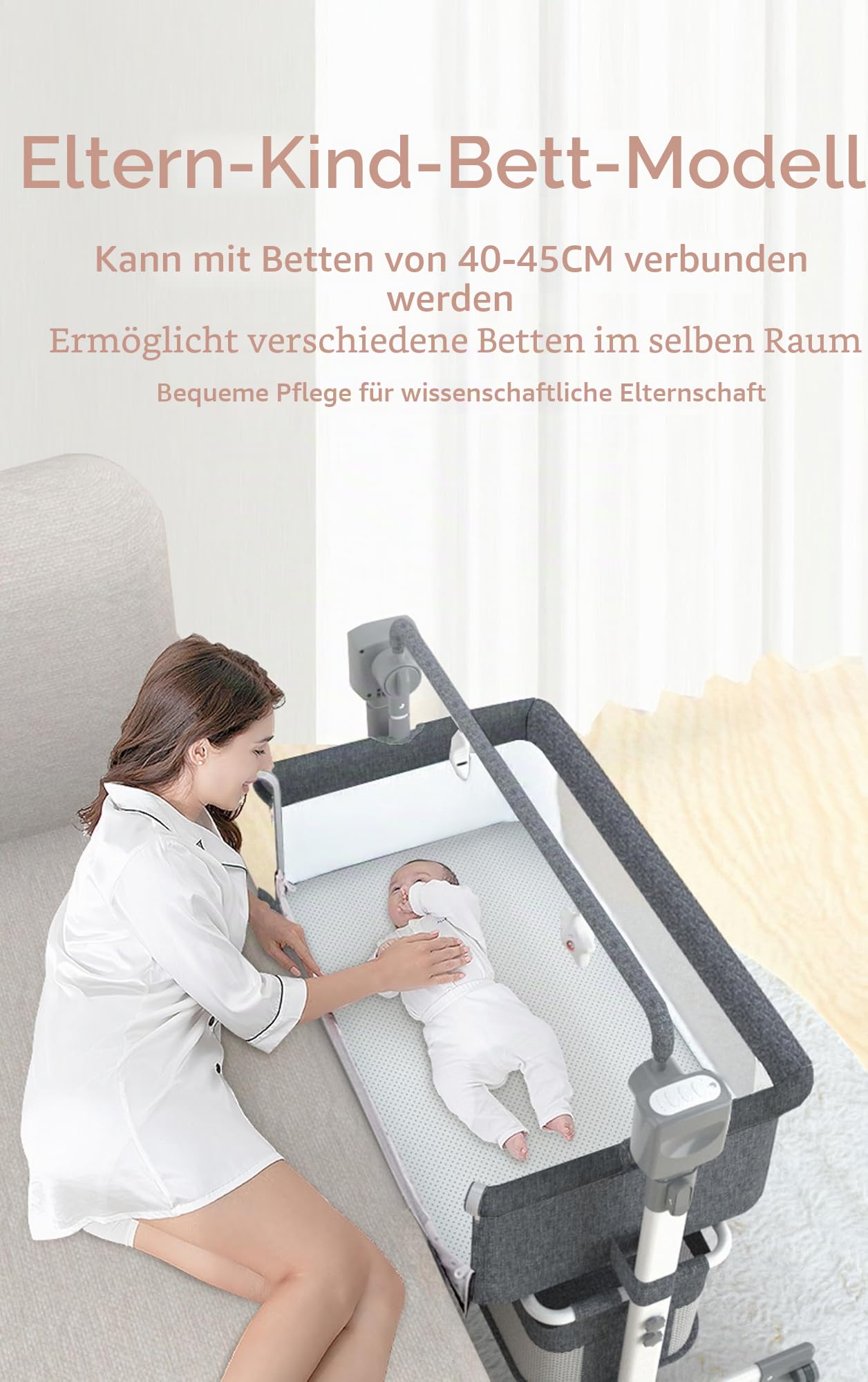 Magic ZC Elektrische Bluetooth Intelligent Beistellbett Baby mit Rollen, Faltbar Co-Sleeping Babybett, Fernbedienung und 5-schwankende Zahnräder, Stubenwagen Kleinkind Wiege mit Musik (601 Grey)
