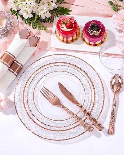 Miniatura 9 de Ciaell 350 platos de plástico de oro rosa  Platos desechables de oro rosa transparente con cubiertos de plástico que incluyen 100 platos, 150