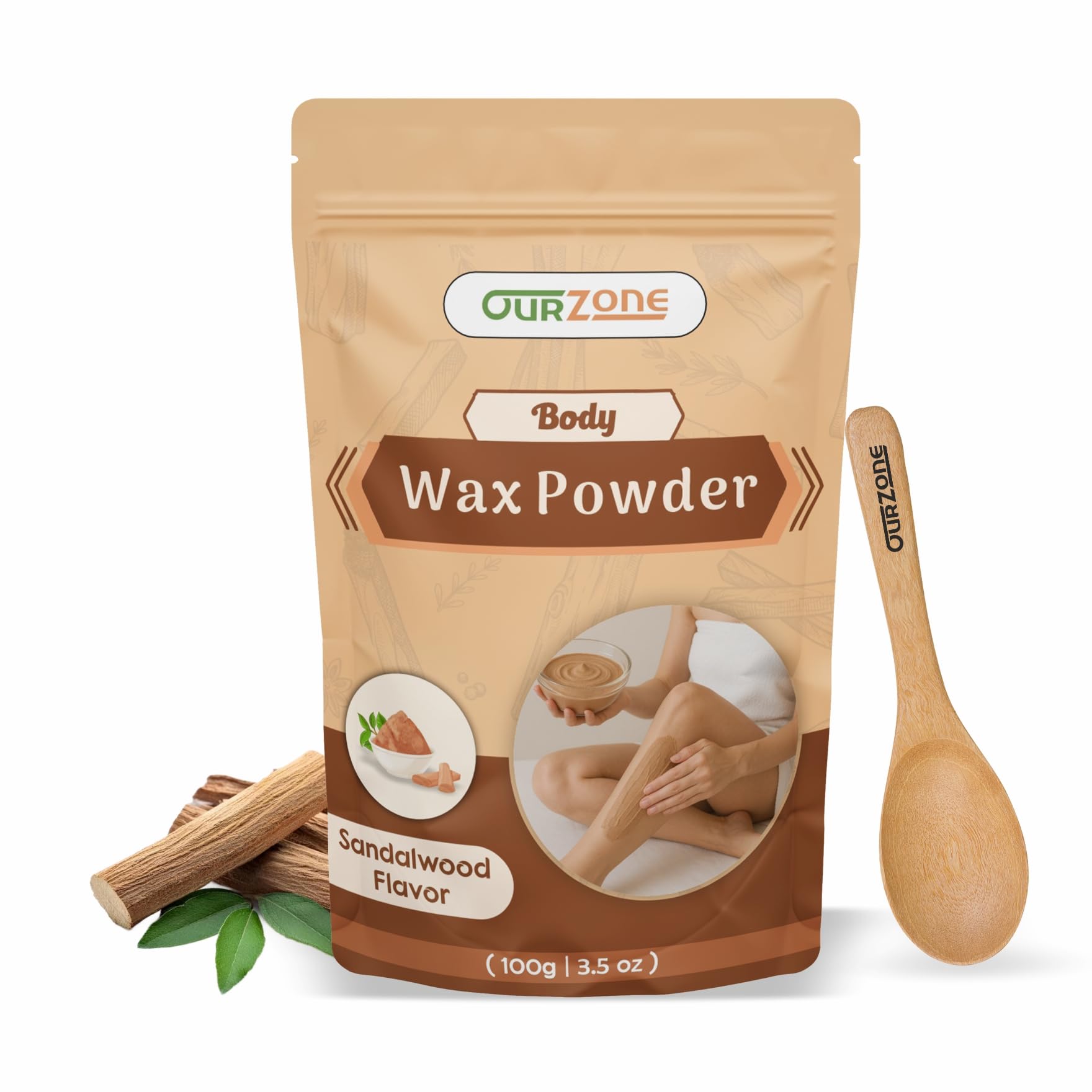 OurZone Body Wax Powder – Sandalwood Flavour | Herbal Hair Remover for Women | Full Body Painless Waxing Powder | No Chemicals or Rashes – 100g | 3.5 oz-image-1