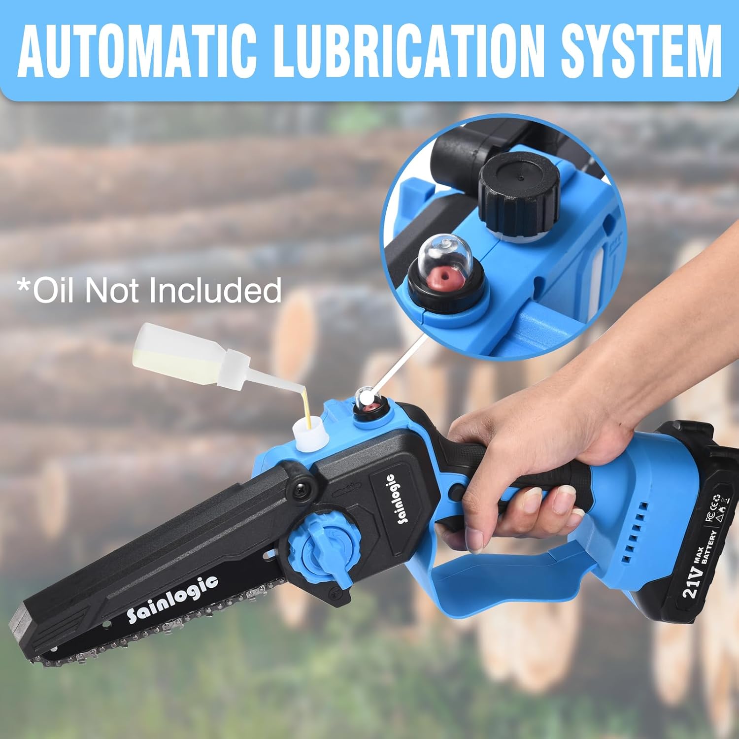 Hand holding the Sainlogic mini chainsaw, demonstrating the oil refill port for the automatic lubrication system.