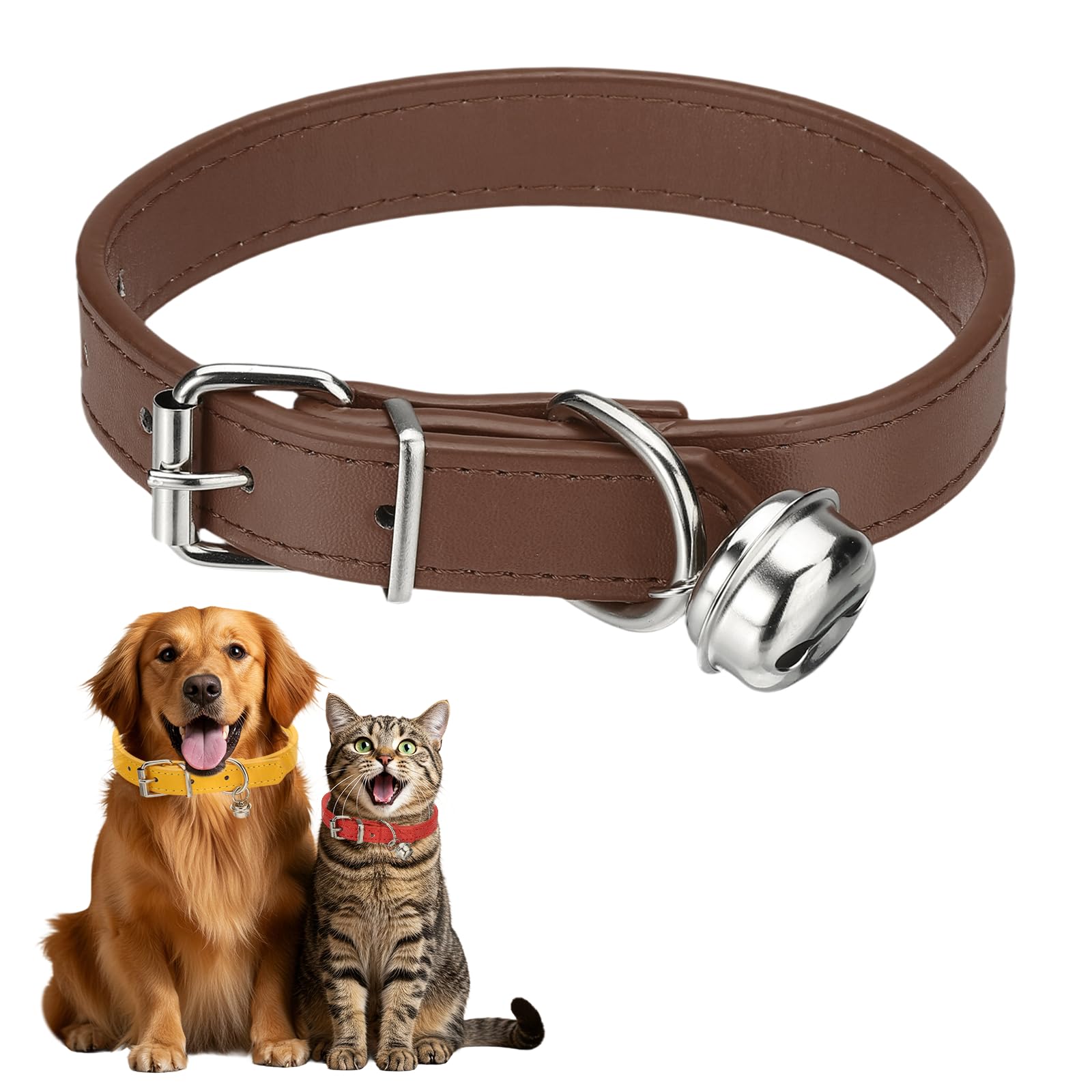 sourcing map Dog Collar with Bell, Pu Leather Cat Collars Pet Basic Soft Padded Adjustable Buckle, 16" (Brown, 1 Pcs), Intended for Teacup/Little Dog/Kitten Cats/Small Animals