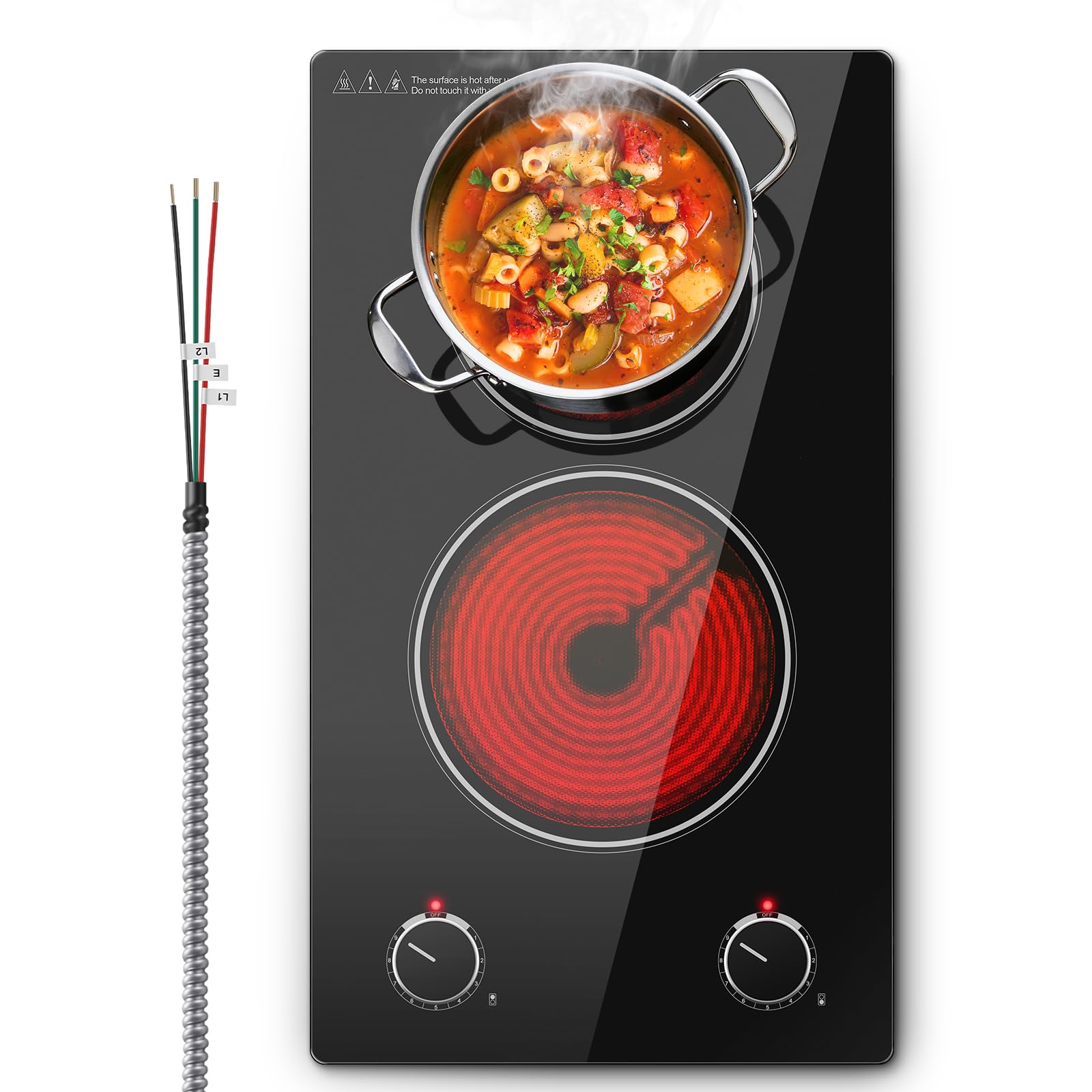 SNDOAS 2 Burner Electric Cooktop,12 inch Built-in 3000W and 9 Power Levels Glass Ceramic Stove Top,Electric Stove with Knob Control,Hardwired 240V for Kitchen,Residual Heat Protection,Easy Clean