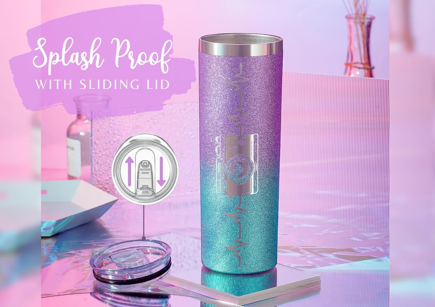 Onebttl Photography Gifts for Photographers for Women, 20oz Stainless Steel Insulated Skinny Tumbler with Straw & Lid - Glitter - Image 7