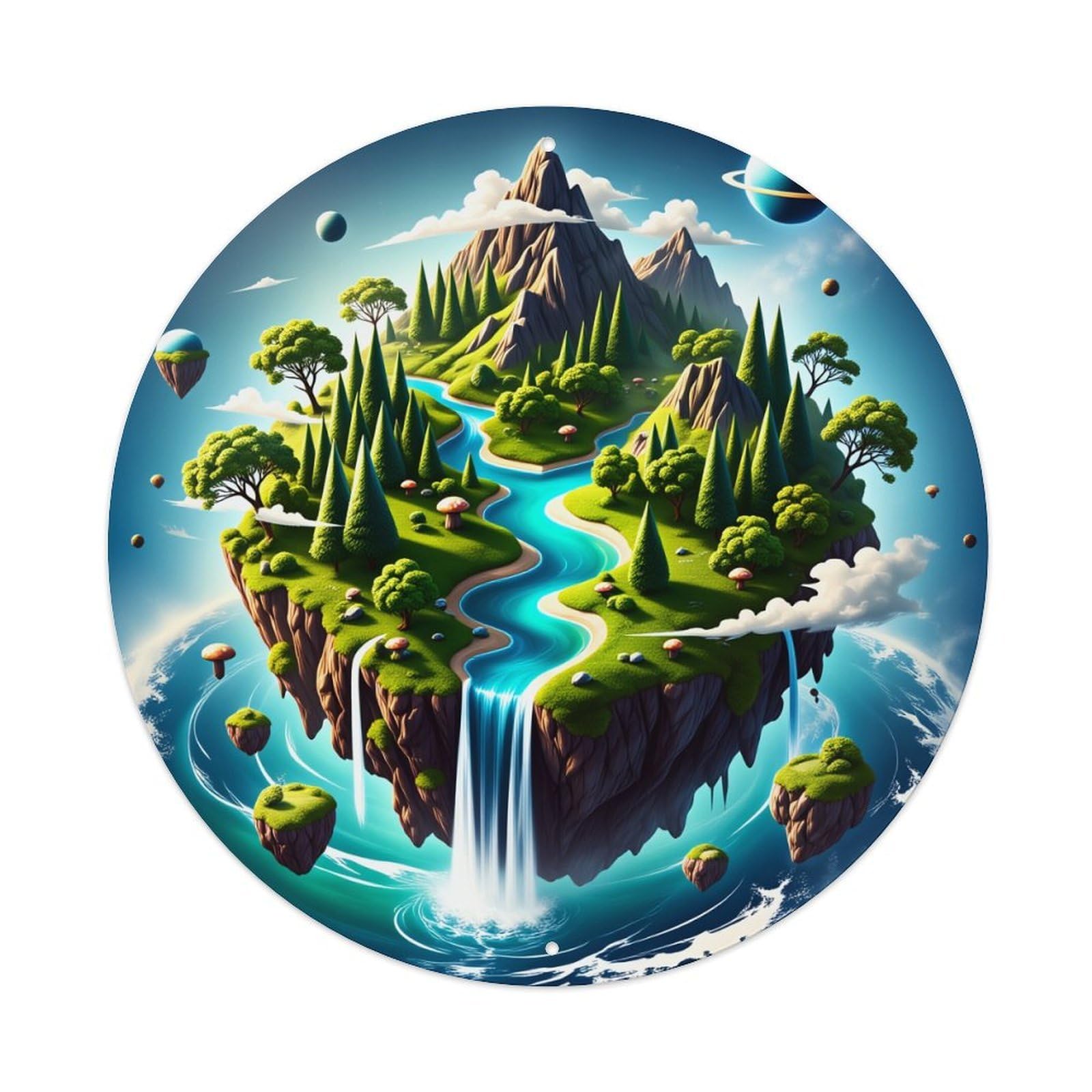 Fantasy Island Landscape Floating Waterfall Round Tin Sign Vintage Style Metal Sign Home Bar Garden Wall Plaque Decor Metal Poster 8x8 Inch
