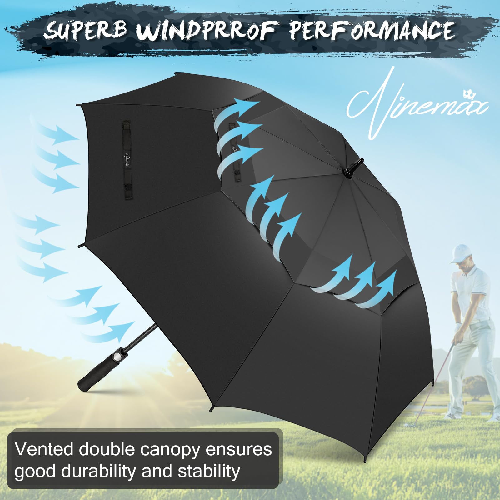 NINEMAX Parasol golfowy automatycznie otwierany 152/162 cm - podwójny baldachim parasol golfowy duży parasol wiatroszczelny z paskiem dla mężczyzn i kobiet