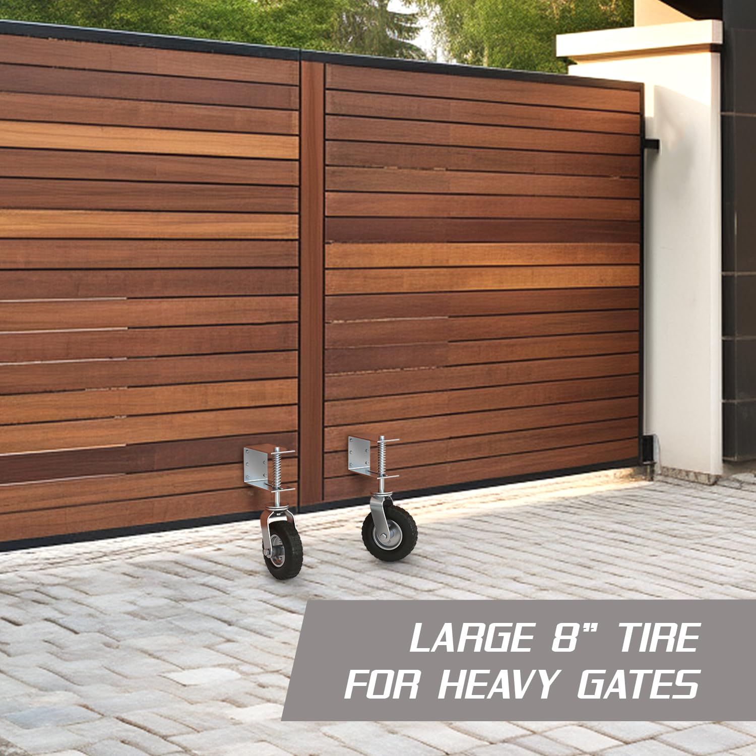 Heavy Duty Fence Gate Wheel - 8-inch Gate Wheels for Wooden or Metal Gate - Spring Loaded Farm Caster Support Wheel with Suspension for Swing Rolling Metal Tube Gate - Flat Free Tire - 360 Swivel