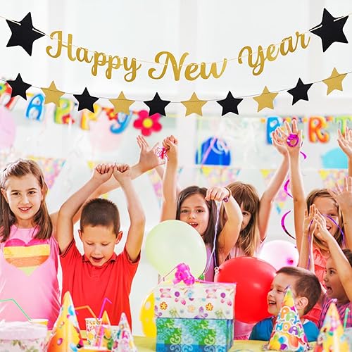 Miniatura 7 de Cartel dorado de Feliz Año Nuevo, 10 pies con purpurina de Año Nuevo, guirnalda de estrellas para fiesta de Año Nuevo, suministros de fiesta 2024 No