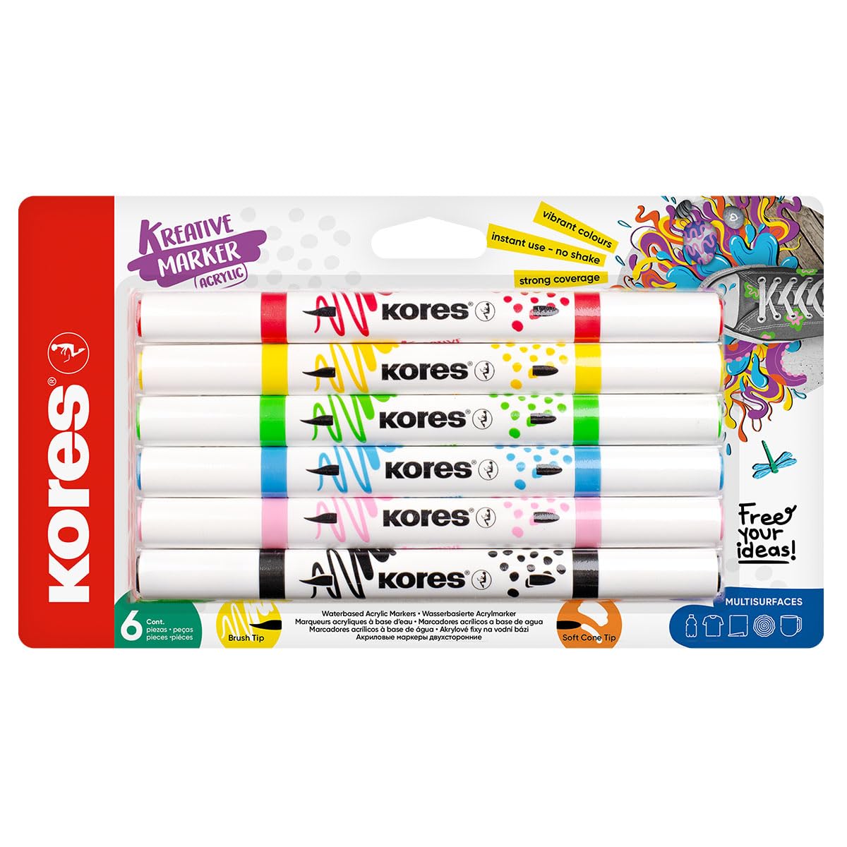 Kores - Kreative Marker Acrylic Duo Tip Set 6 colours - Brush and Cone Tips for Paper, Wood, Glass, Rock, Fabric, Canvas, Ceramics - DIY Crafts, No Shaking - 6 Pieces
