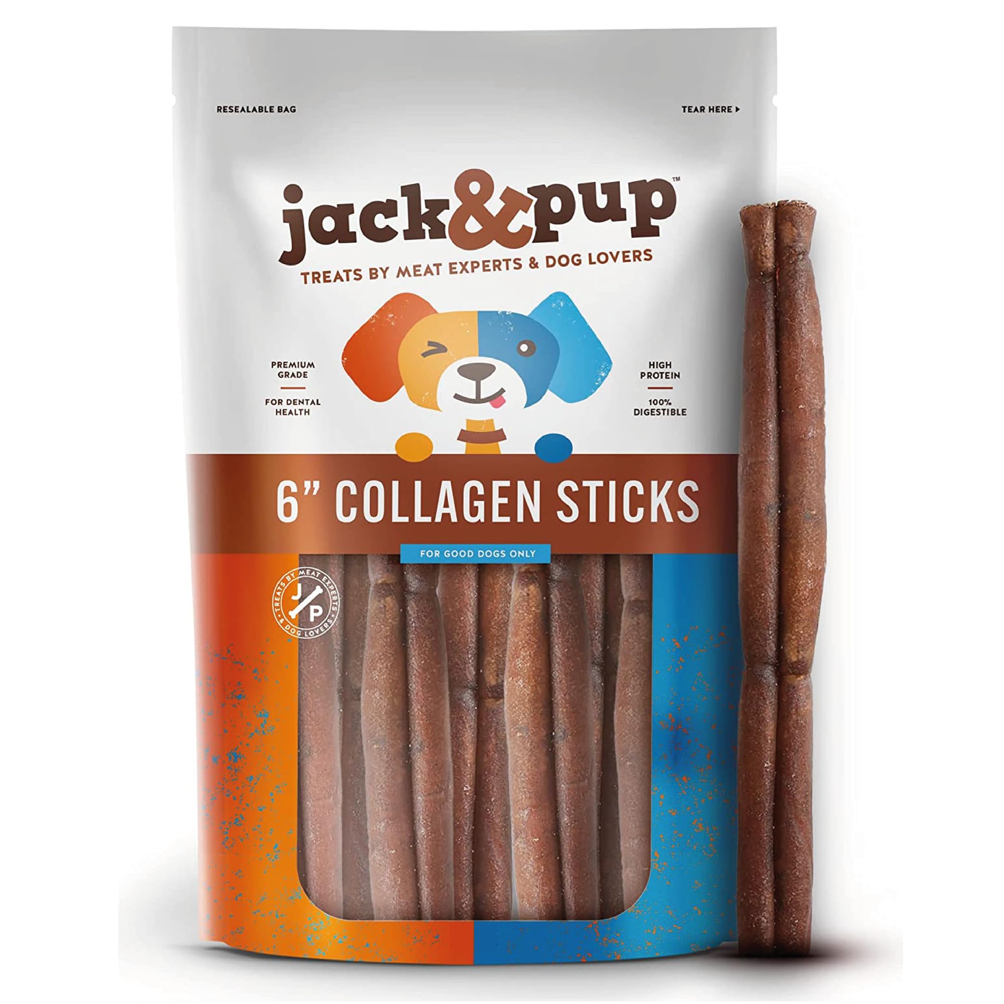 Jack&Pup 6" Beef Collagen Sticks for Dogs | Rawhide Free Dog Chews Long Lasting | Single Ingredient Healthy Dog Treats for Medium Dogs | Bully Stick