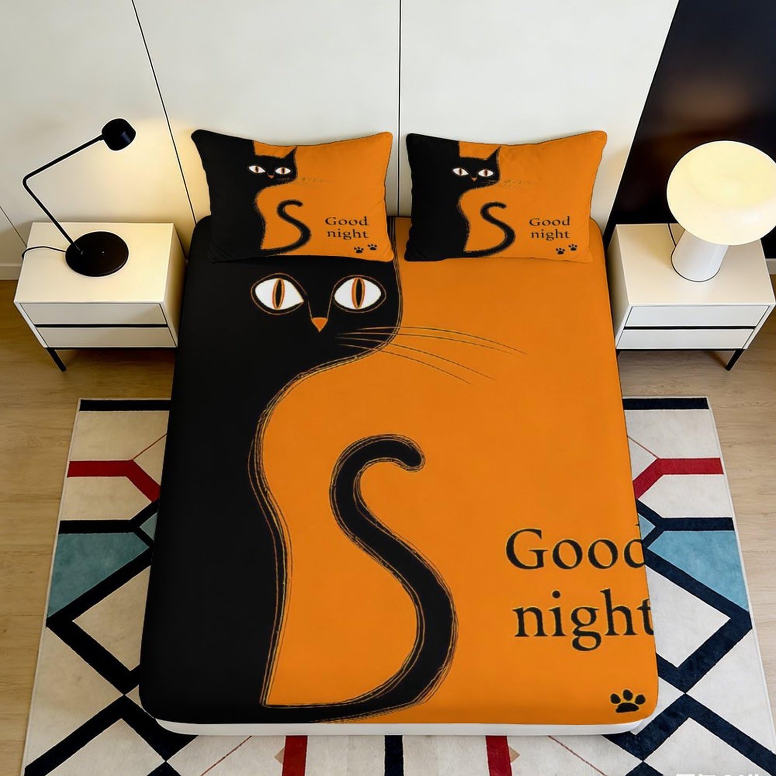 Jqzkxnhpbr Style-3 3D Printed Black Cat Fitted Sheet Microfiber Orange Cartoon Mattress Cover For Bedroom Guest Room Dustproof Washable 90X200x25cm