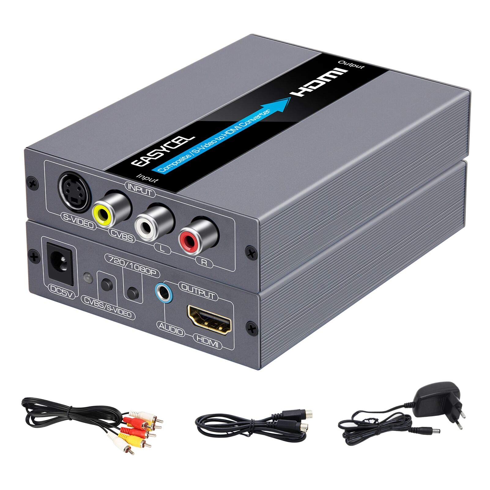 RCA S-Video auf HDMI Konverter, RCA Composite CVBS AV oder S-Video + R/L Audio Eingang zu HDMI Ausgang Upscale Konverter, Unterstützt 720P / 1080P Ausgangsschalter für N64, PS2, Wii, DVD