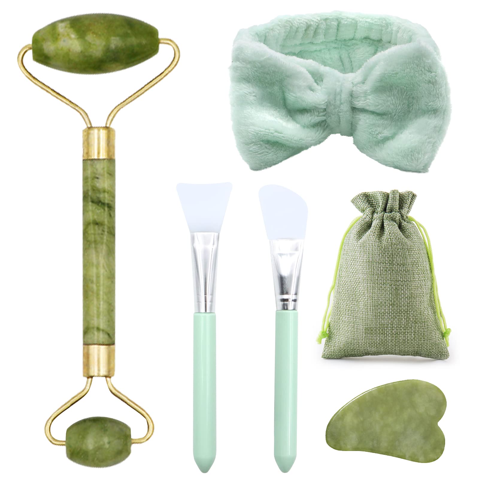 VEGCOO 6 en 1Gua Sha Facial Rodillo de Jade, Rodillo Masaje Facial+ Guasha Facial Piedra+ Diadema+Cepillo de Mascarilla de Silicona+Bolsa, Rodillo Masaje Facial para Mujer, Aliviar las Arrugas