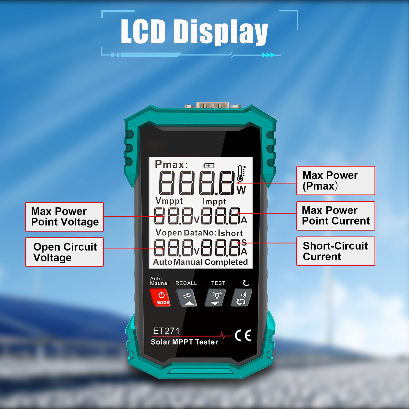 SIXRUN Tester per Pannelli Solari da 2000 W, Multimetro Fotovoltaico per Misuratori Fotovoltaici MPPT con Display LCD per la Risoluzione dei Problemi della Tensione a Circuito Aperto