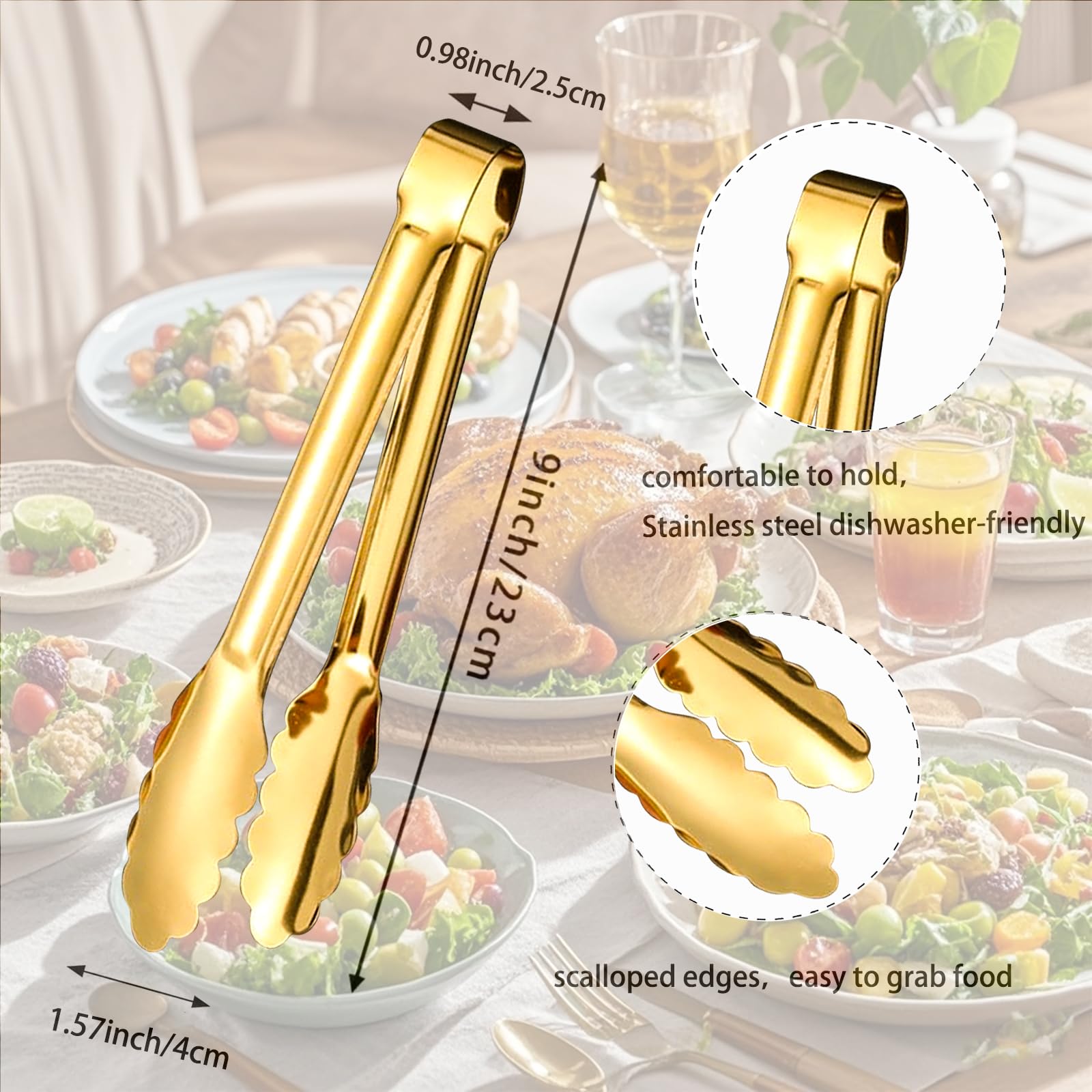 6 pinzas de acero inoxidable chapadas en oro o plata de 9 pulgadas, resistentes y duraderas, diseño para bodas, fiestas, banquetes, bufés, reuniones familiares, cocina, cocina, servir clip