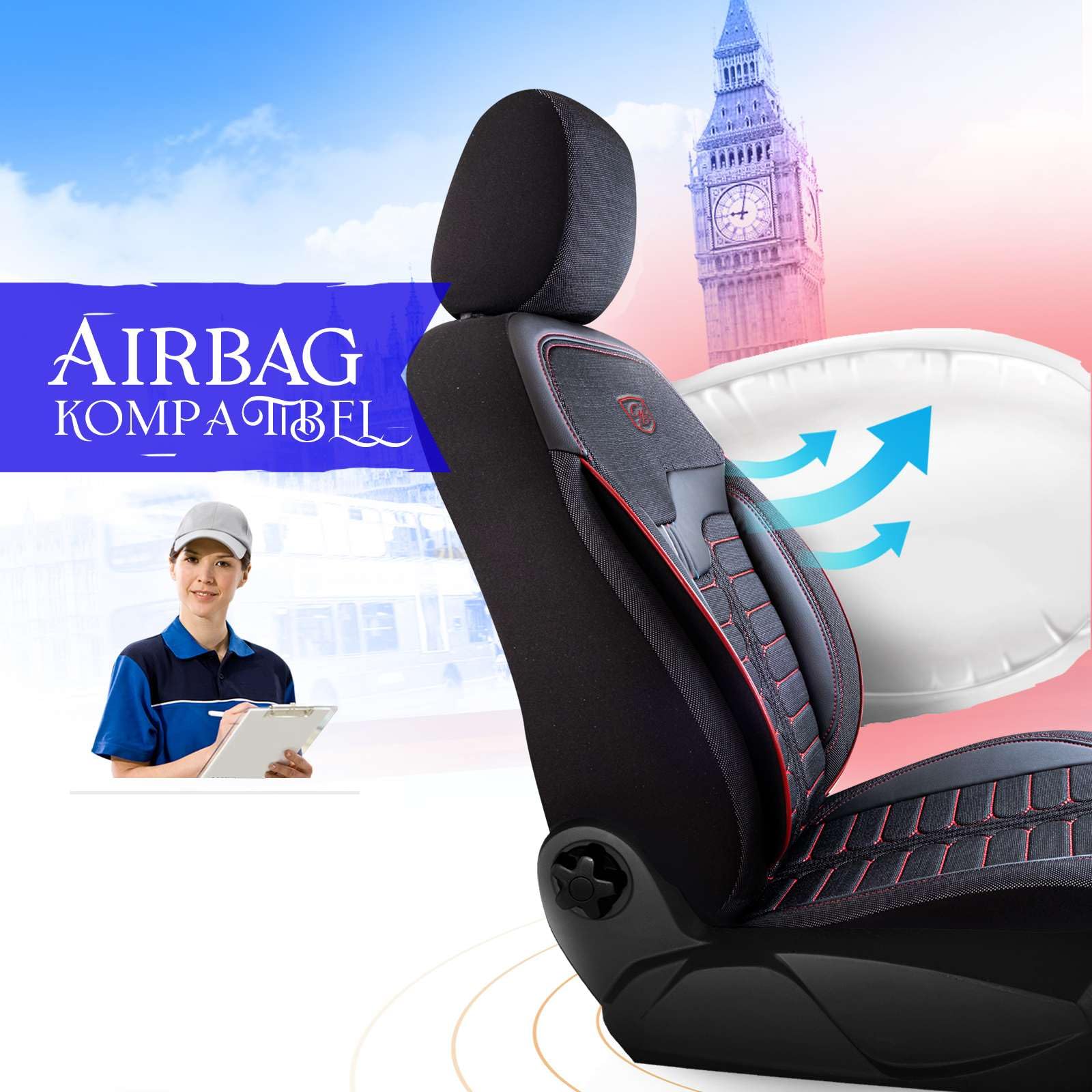 Autositzbezüge Universal – Premium Autozubehör Innenraum für PKW & SUV – Jacquard Sitzauflage, Autoschonbezug Auto, Airbag-kompatibel, Schwarz-Rot, Vordersitz-Set inkl. Montageset