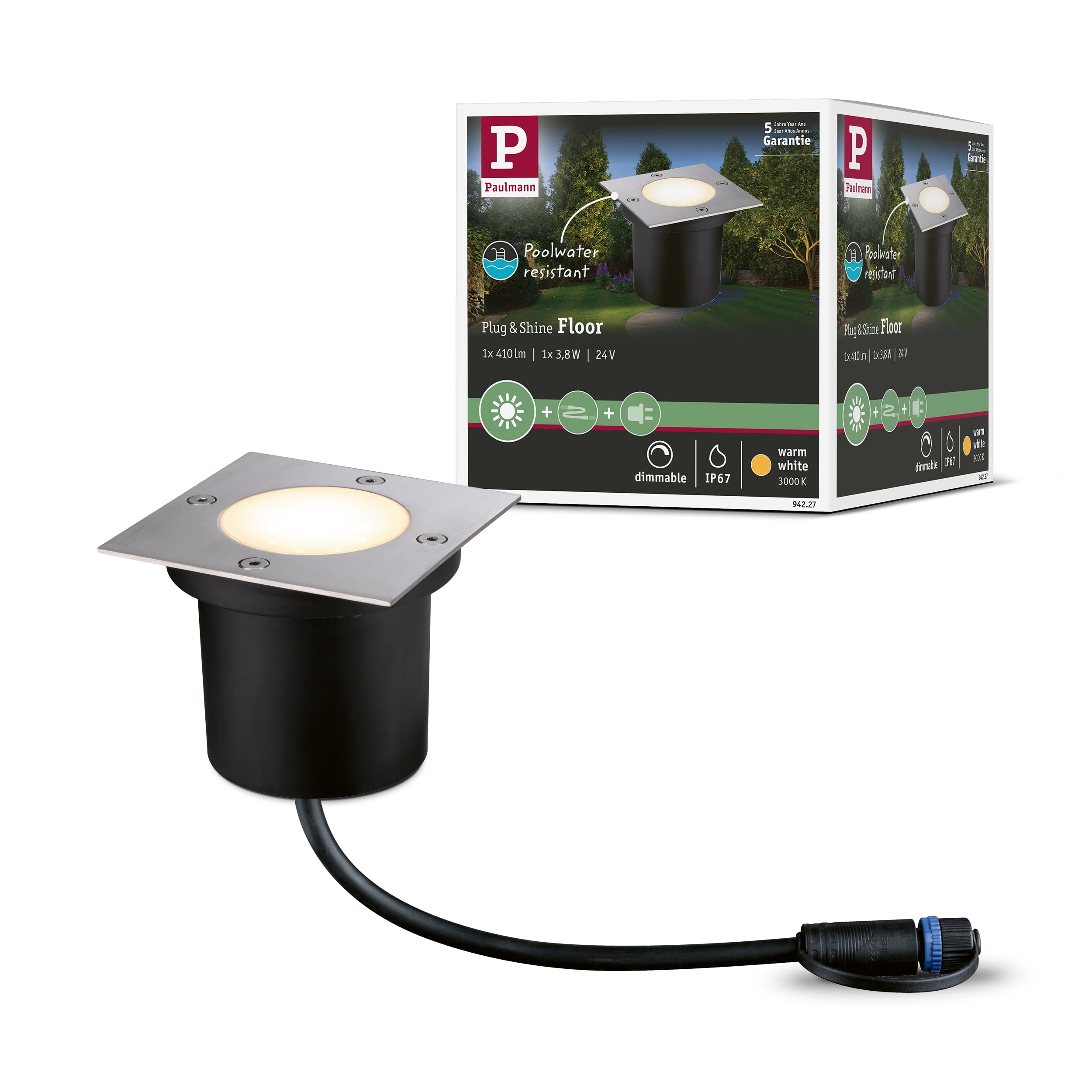 Paulmann 94227 Plug & Shine luminaire d'extérieur LED Encastré sol carré incl. 1x3,6 watts IP65 gradable extérieur Acier inoxydable luminaire de jardin Métal, plastique éclairage de jardin 3000 K