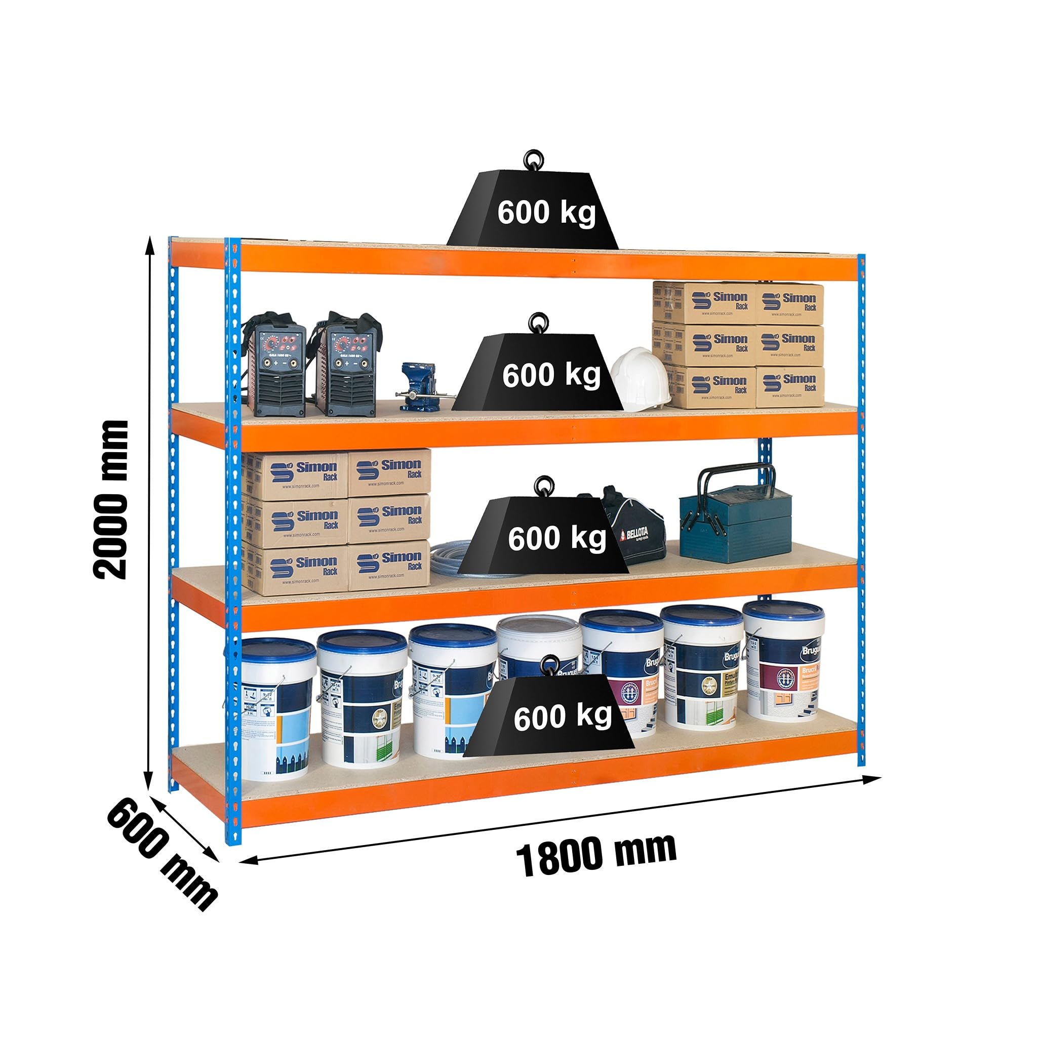 Simon Rack Estanteria Industrial, 2000x2100x600 mm, 500 kg de Punto Flexión, 4 Estantes Madera, Estanterias Almacenaje, Estanterias Metalicas, Azul/Naranja/Madera - SimonTaller