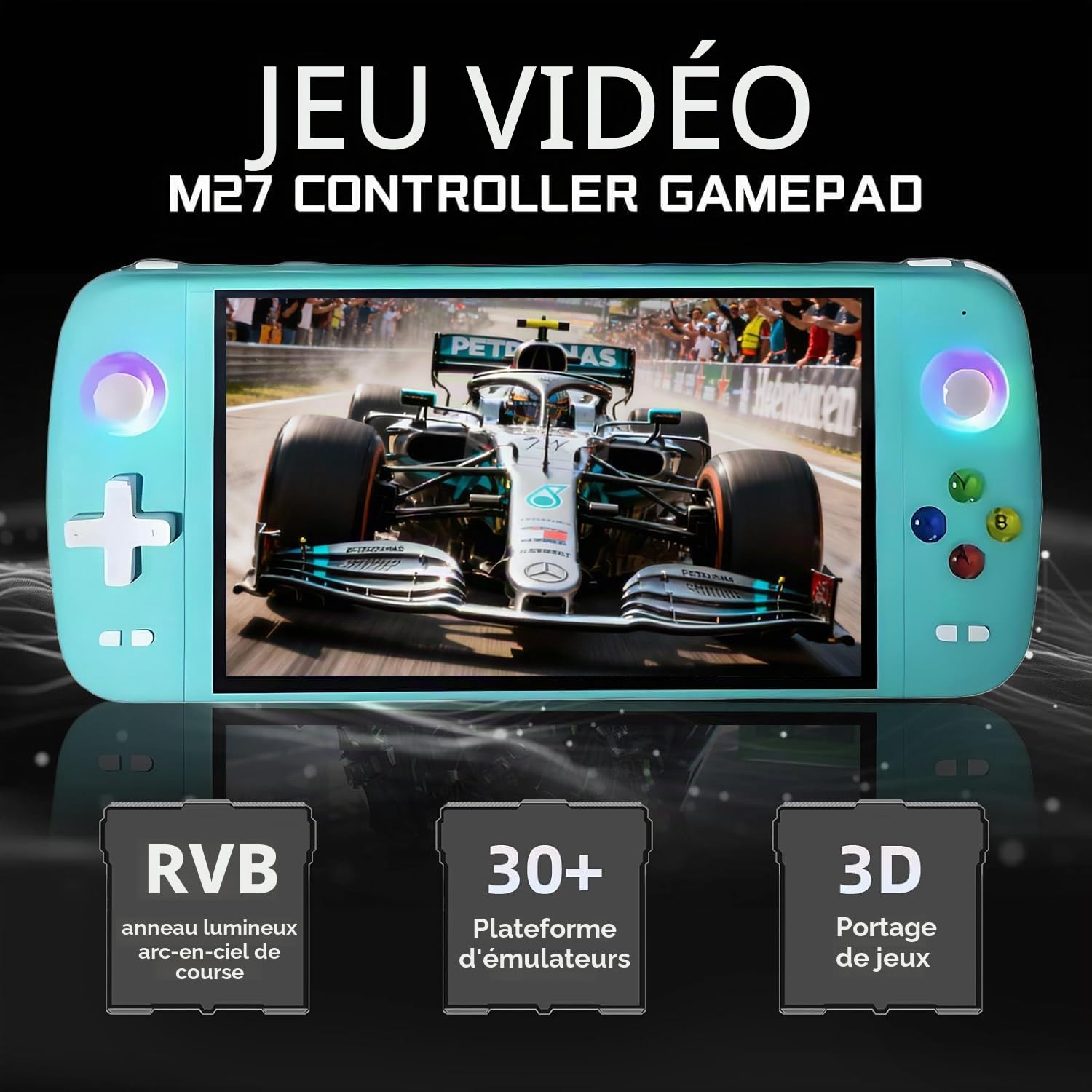 Console de jeu portable M27, 128 Go de mémoire interne avec 30 000 jeux, système Linux, écran IPS de 7 pouces, mini console d'arcade portable, format de poche, édition HD (vert, 128 g)