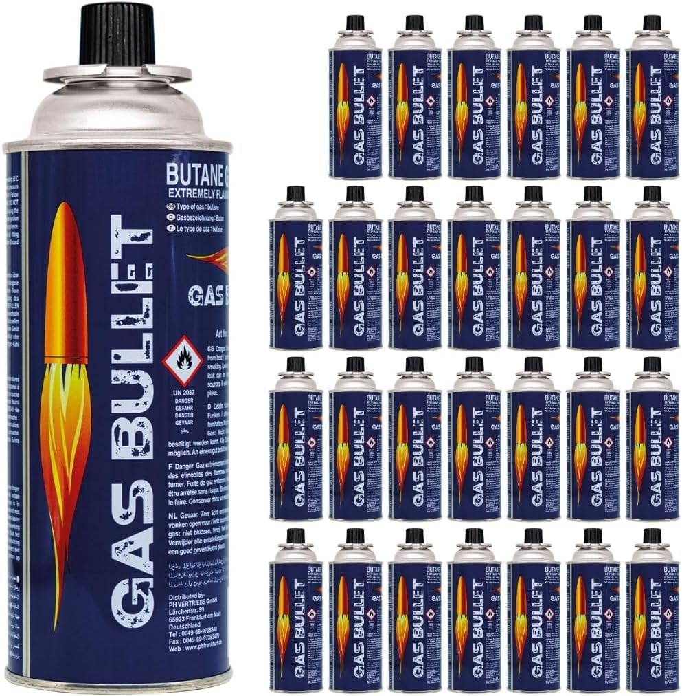 Set de 28 Cartuchos de butano 227g MSF-1a para hornillo portátil – Válvula de Bayoneta- Ideal para Camping, calefacción, Emergencia por Corte de luz y preparación
