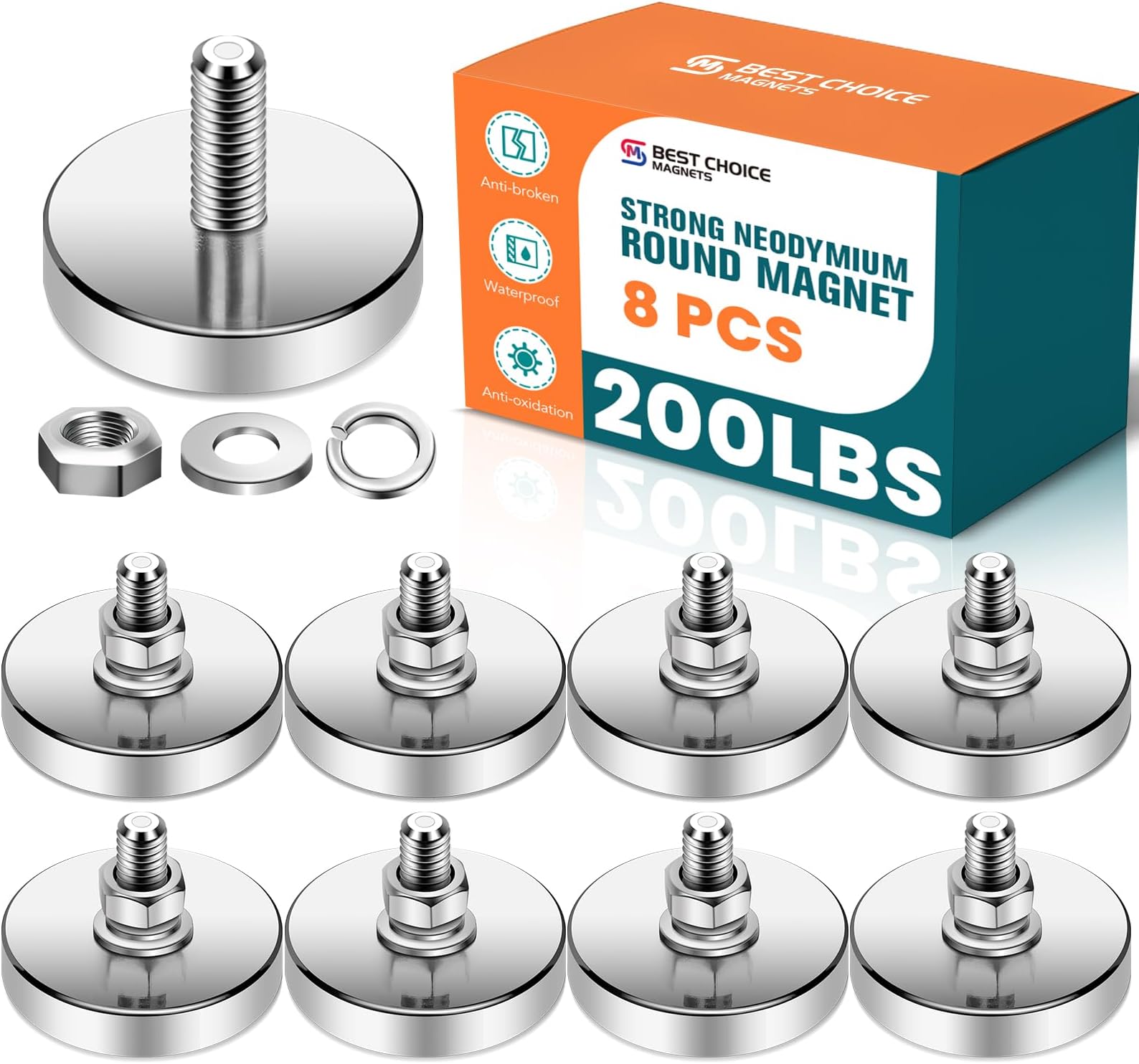 Super Strong Neodymium Round Magnet with M8 Male Thread Nuts Bolts 200 lb Corrosion-Resistant Mounting Magnet for Lighting Camera and Other Brackets Outdoor Tools 44mm D - 8 Packs