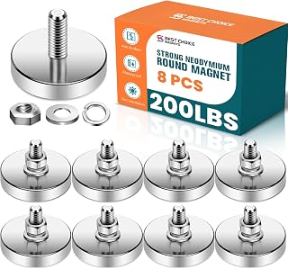 Super Strong Neodymium Round Magnet with M8 Male Thread Nuts Bolts 200 lb Corrosion-Resistant Mounting Magnet for Lighting Camera and Other Brackets Outdoor Tools 44mm D - 8 Packs