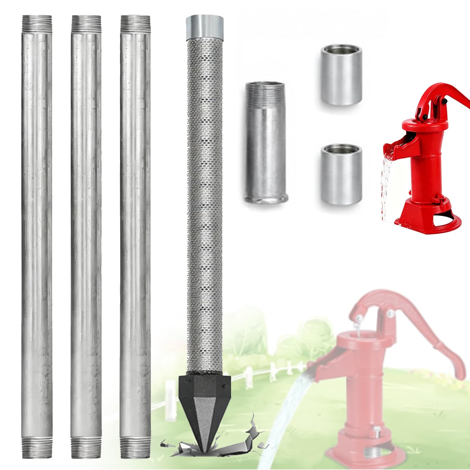 Well Drive Point Kit, 1-1/4 Stainless Steel Well Drive Point+3/5 39" Galvanized Well Pipes+ Pitcher Pump(Optional), Shallow Well Drilling Kit for Sand Point Well & Soft Soil Well 4M-WithWaterPump