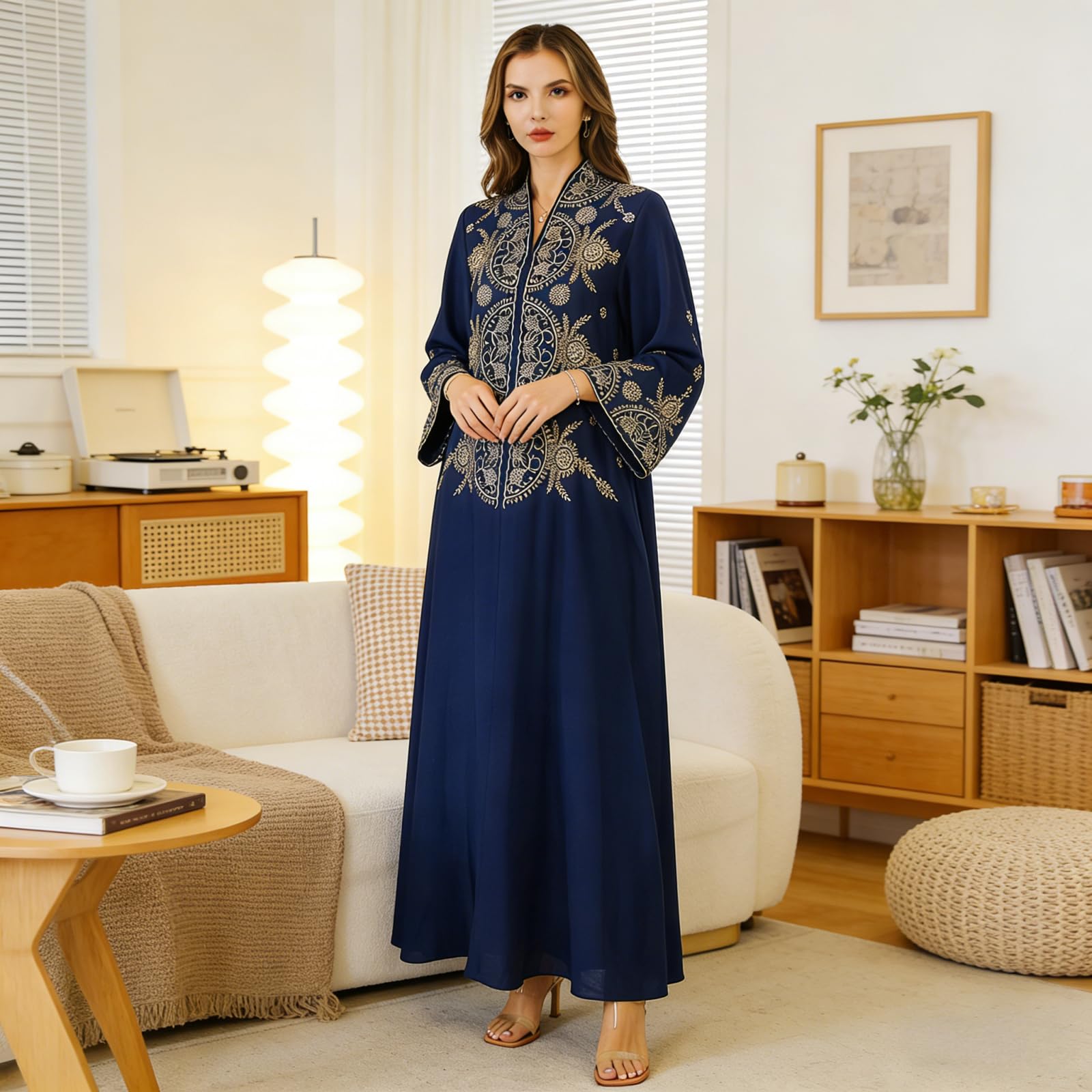 zhxinashu Abaya de Mujer Musulmana con Flores, Vestido Largo Tradicional con Intrincado Estampado Floral, Kaftan Mujere de Largo Completo para Fiesta de Boda, Celebraciones de Ramadan(Azul,L)