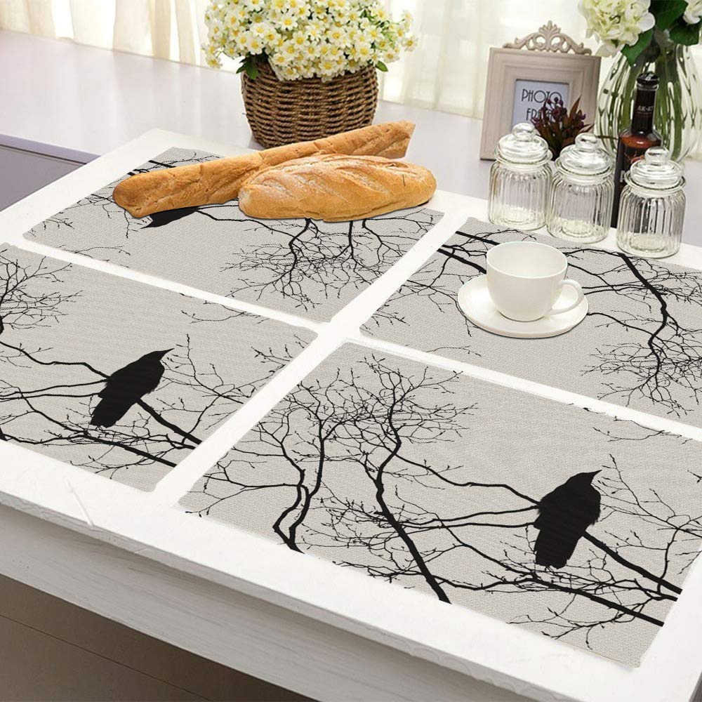 4er-Set Tischsets Mit Raben-Motiv – Gotischer Rabe Auf Ast, 45,7 X 30,5 Cm, Hitzebeständig & Rutschfest